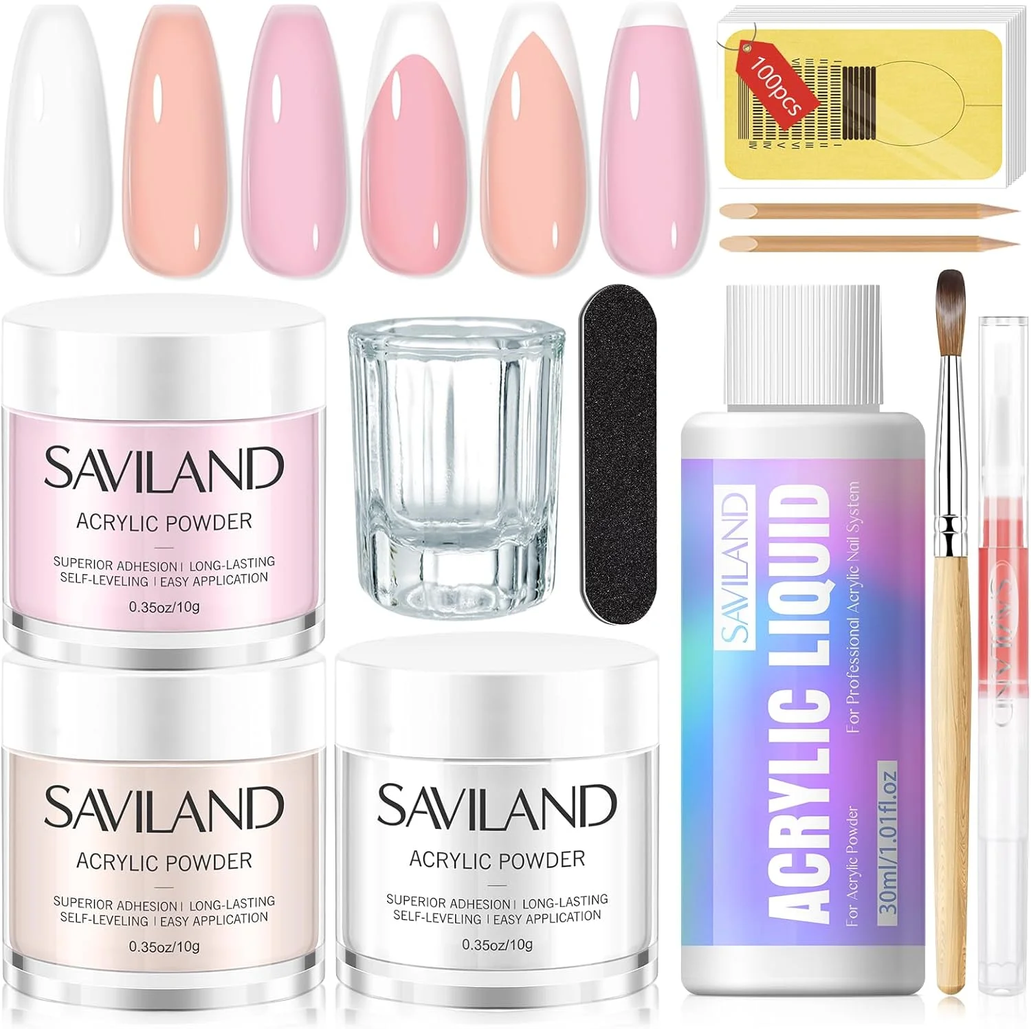 مجموعه لوازم ضروری کاشت ناخن اکریلیک SAVILAND برای مبتدیان: پودر اکریلیک صورتی و رنگ های خنثی به همراه قلم موی شماره 12، روغن کوتیکول، قالب و ابزار، مجموعه کامل برای کاشت ناخن در خانه