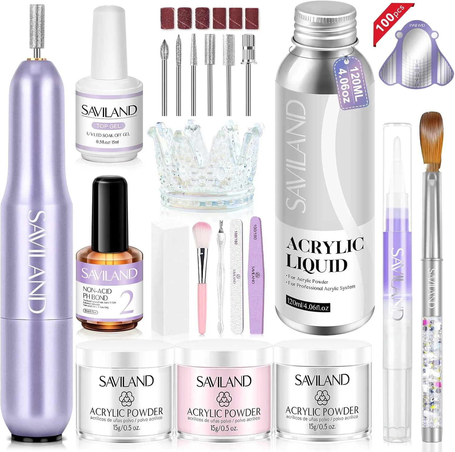 ست ناخن اکریلیک SAVILAND با دریل: ست کامل ناخن سالنی حرفه ای با پودر و مایع اکریلیک، قلم موی ناخن، فرمر، ژل تاپ و ابزار مانیکور برای طراحی، اکستنشن و استفاده خانگی