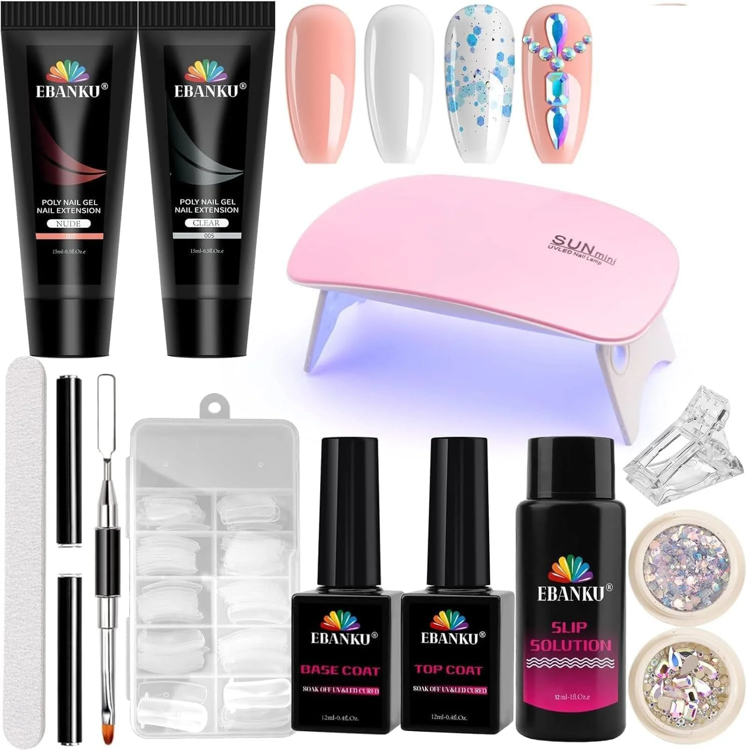 کیت استارتر ژل ناخن پلی کالولاری با لامپ UV، ژل اکستنشن پلی شفاف و رنگ بدن با فرم های دوگانه ناخن، محلول لغزنده، نگین ناخن، ابزار مانیکور ناخن برای مبتدیان با همه چیز
