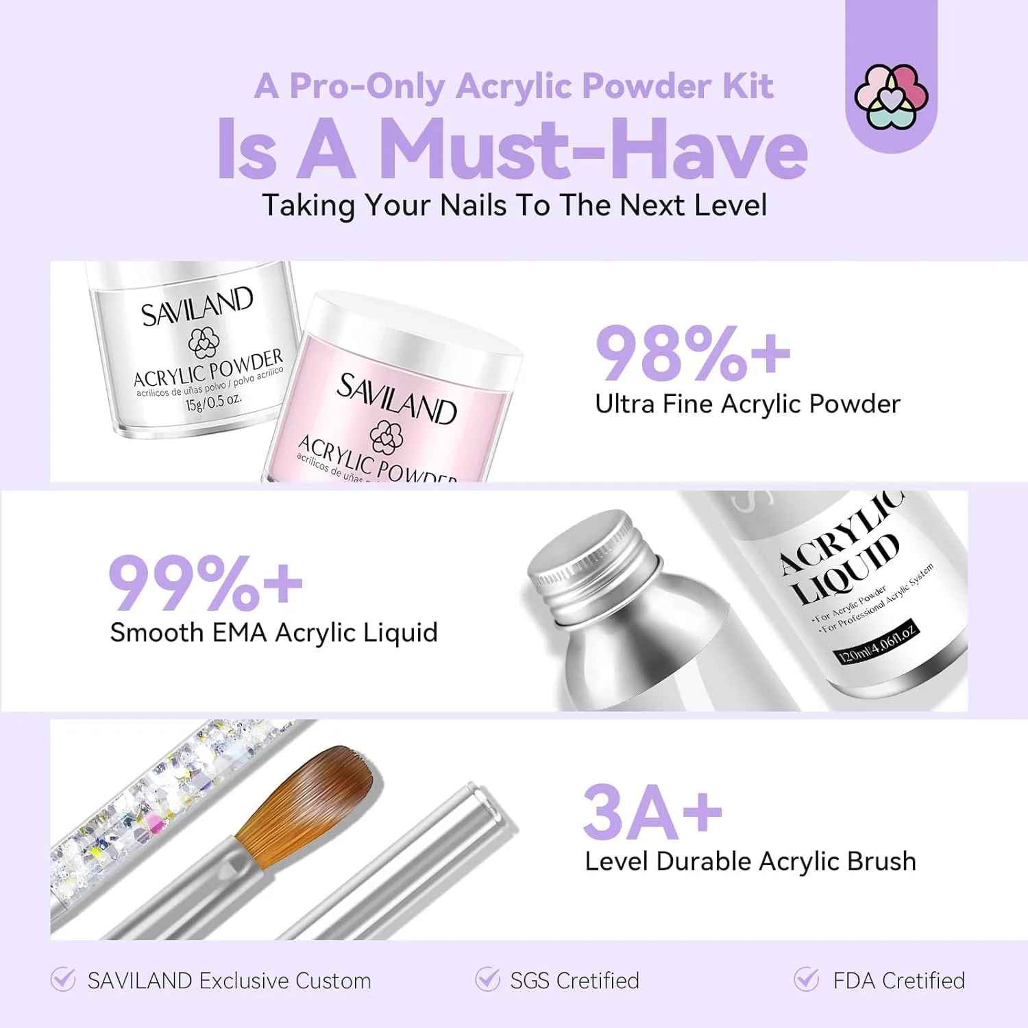 ست ناخن اکریلیک SAVILAND با دریل: ست کامل ناخن سالنی حرفه ای با پودر و مایع اکریلیک، قلم موی ناخن، فرمر، ژل تاپ و ابزار مانیکور برای طراحی، اکستنشن و استفاده خانگی