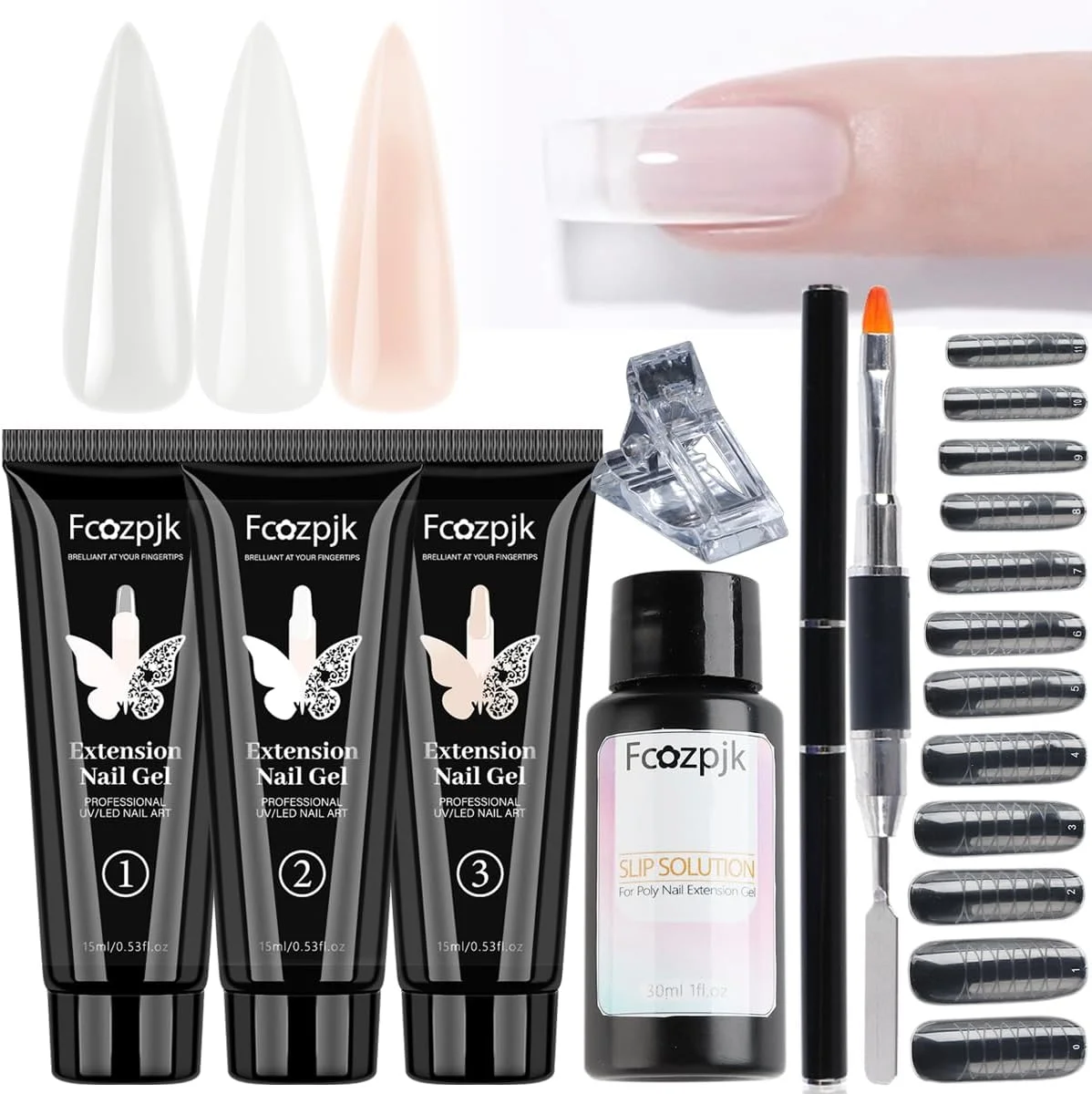 کیت ژل پولی اکستنشن ناخن، سفید صورتی شفاف با محلول لغزنده و قالب های دوگانه، گیره برای ژل پولی، کیت استارتر برای ست مانیکور خانگی، رنگ طبیعی