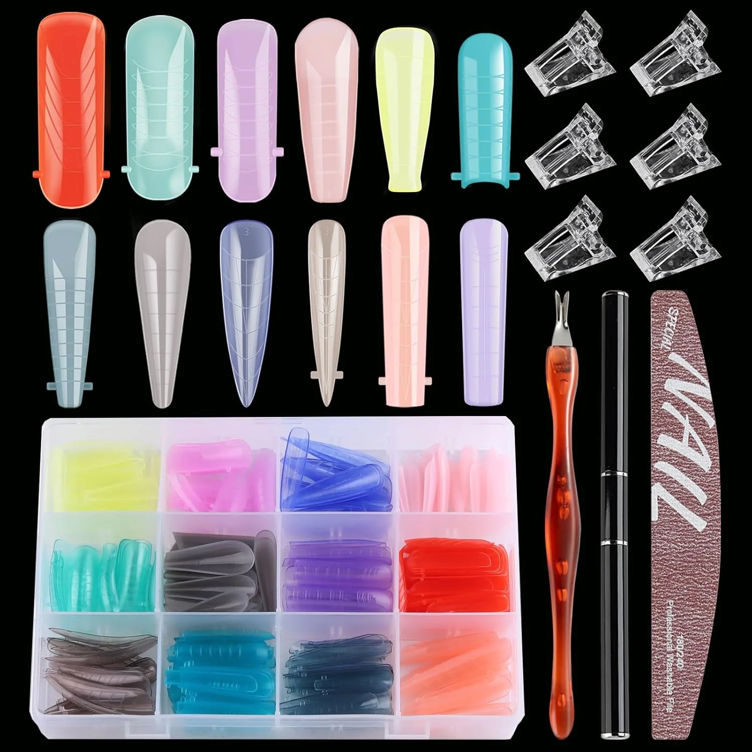 ست ۱۴۴ عددی قالب ناخن پلی ژل، ۱۲ رنگ، ۱۲ سایز، قالب اکستنشن ناخن قابل استفاده مجدد، فرم های دوگانه با ۶ عدد گیره ناخن، قلم موی دو سر، سوهان ناخن و عقب زننده کوتیکول برای مبتدیان