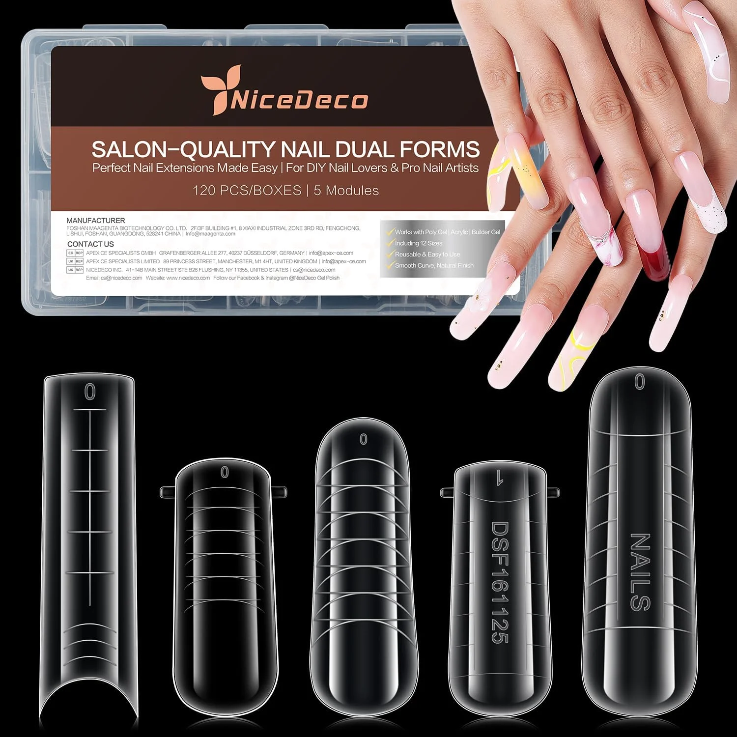 ست 120 عددی قالب ناخن دوتایی Nicedeco – ست اکستنشن ناخن پلی ژل 5 شکل برای مانیکور، سالن و DIY، شامل قالب های ژل ناخن و ابزار طراحی هنری - کیت 2