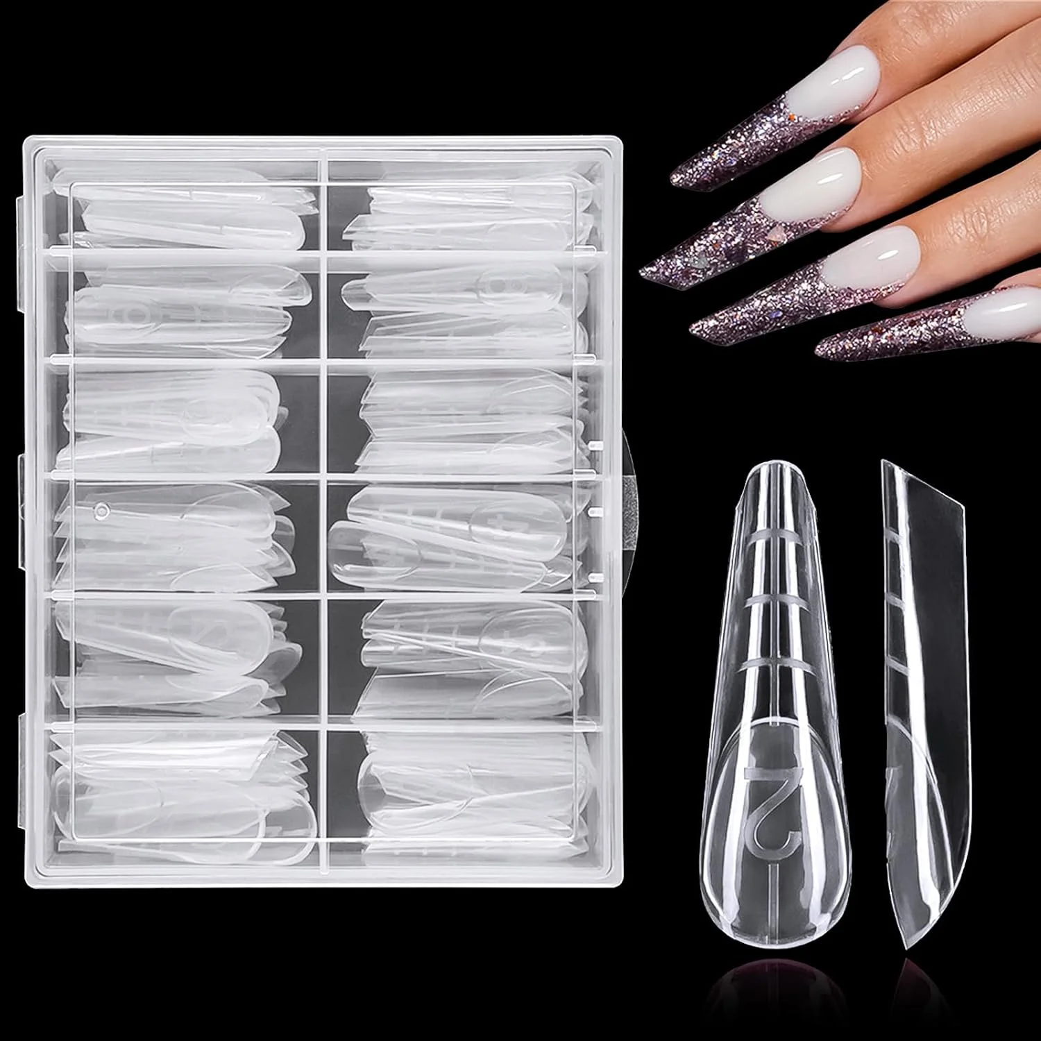 قالب های ناخن دوگانه شفاف برای کاشت ژل - 120 عدد قالب ناخن شفاف با جعبه، قالب های نوک ناخن منحنی قابل استفاده مجدد با مقیاس برای مانیکور و طراحی ناخن DIY