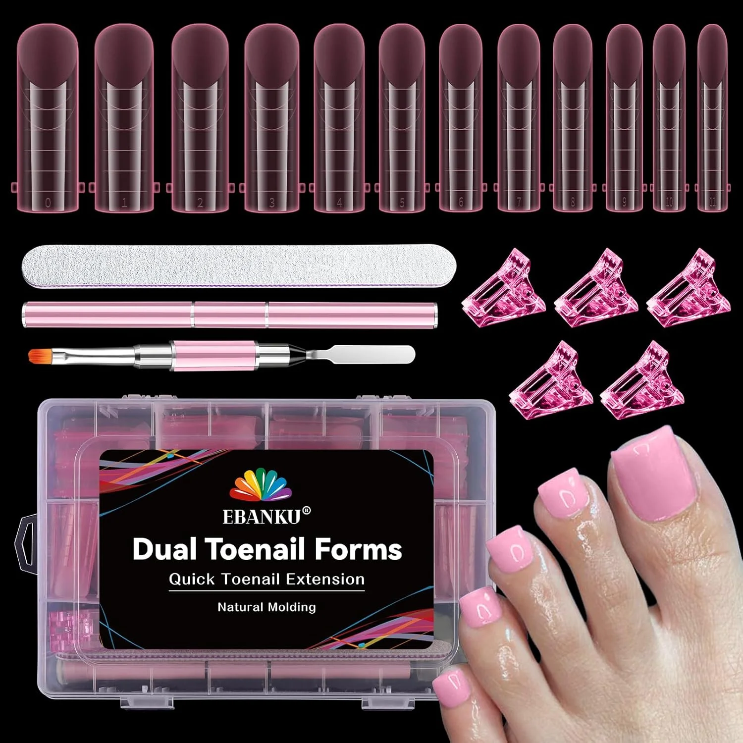 قالب ناخن پلی ژل EBANKU، 120 عددی، فرم های دوگانه مربعی بلند صورتی برای اکستنشن پدی پلی ژل، ست ناخن انگشت پا پلی ژل با برس گیره ناخن، سوهان ناخن، قالب نوک قابل استفاده مجدد برای طراحی ناخن