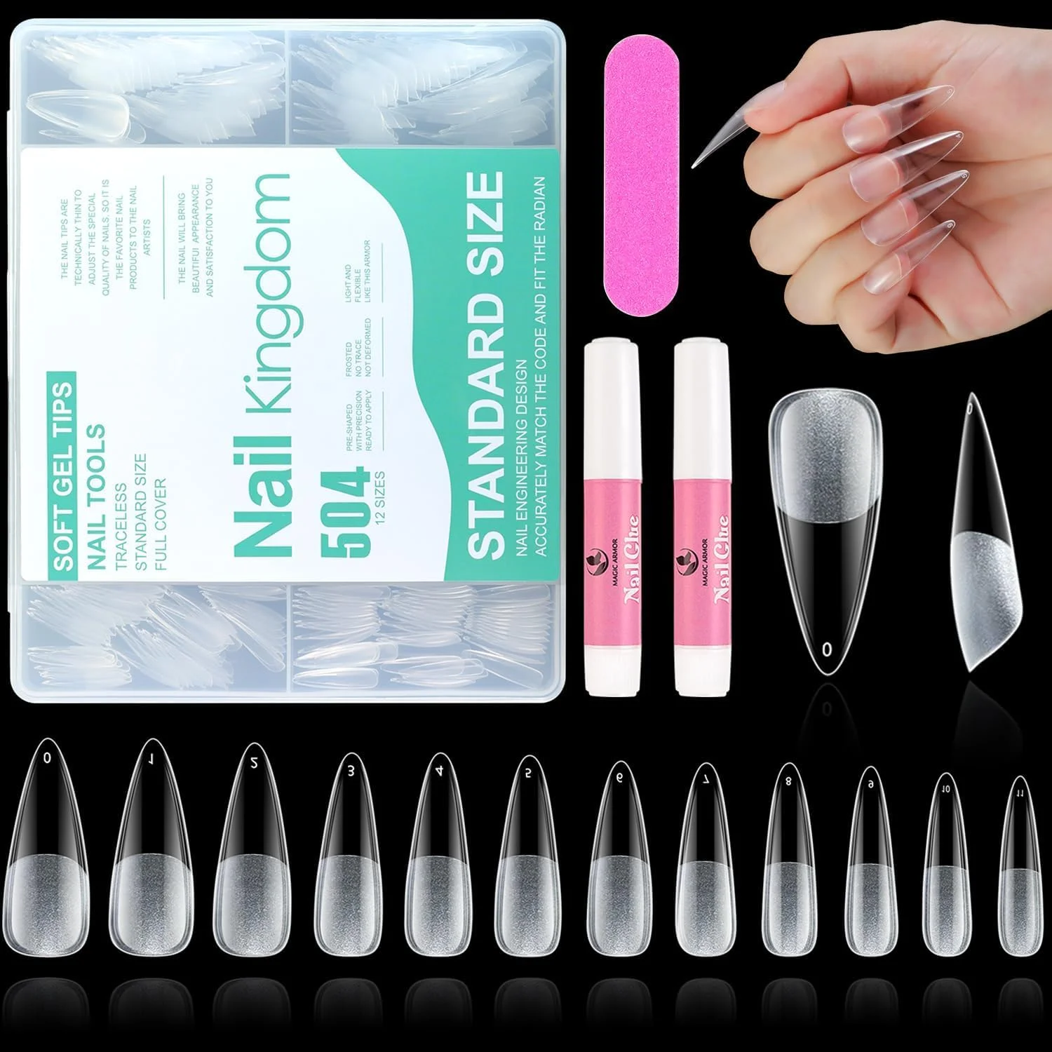 تیپ ناخن استیلتو - ۵۰۴ عدد تیپ ناخن ژلی استیلتو، تیپ ناخن های از پیش فرم داده شده استیلتو، ناخن های پرسی پوشش کامل اکریلیک استیلتو، تیپ ناخن مصنوعی شفاف برای کاشت ناخن، ۱۲ سایز
