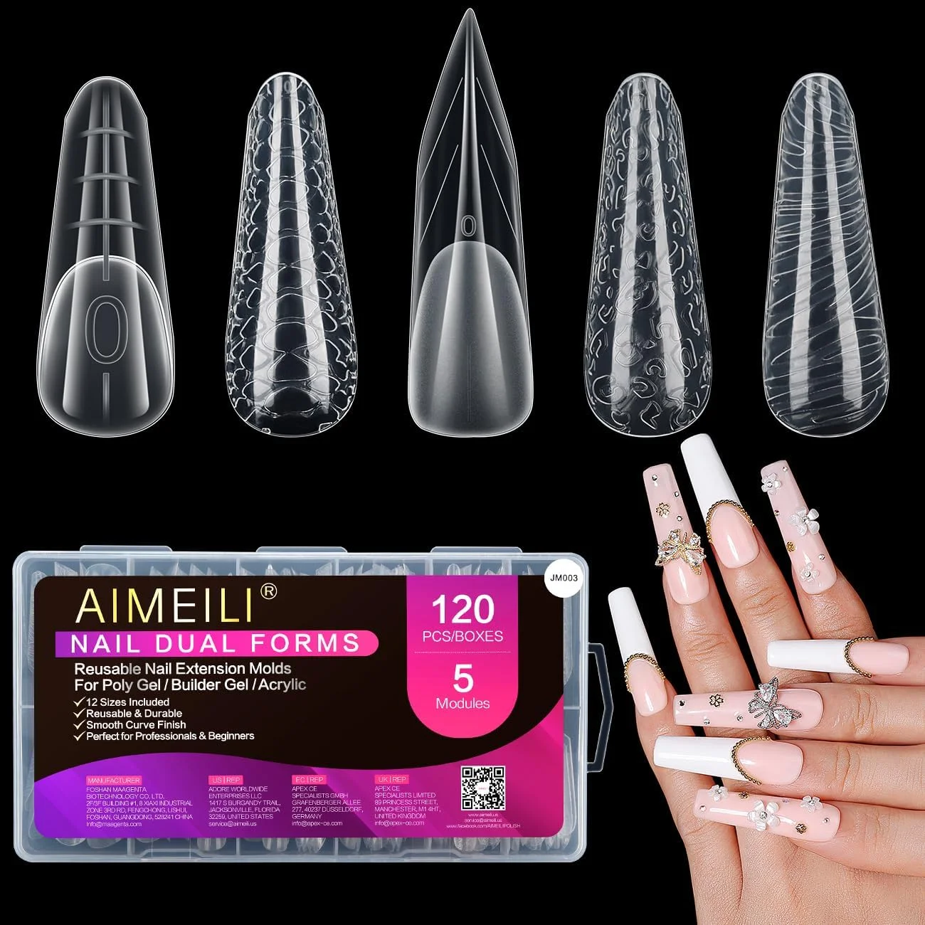 قالب های ناخن AIMEILI برای ژل - مجموعه 120 عددی قالب های دوگانه، 5 شکل مختلف نوک های دوگانه برای اکستنشن ناخن، تقویت ژل، مجموعه مانیکور برای سالن و DIY - 003