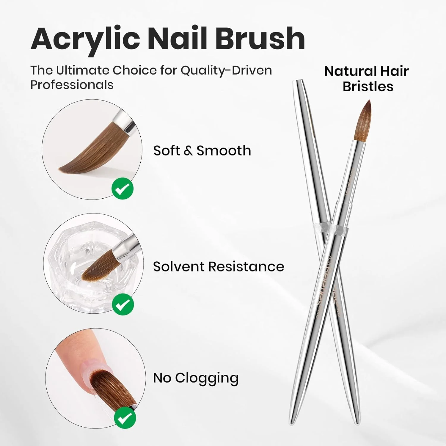 قلم موی کاشت ناخن آکریلیک Beetles Kolinsky با موی خالص Kolinsky، دسته فلزی گرد، قلم موی طراحی ناخن برای مانیکور، پودر آکریلیک، ابزار مانیکور حرفه ای سالن - سایز 12