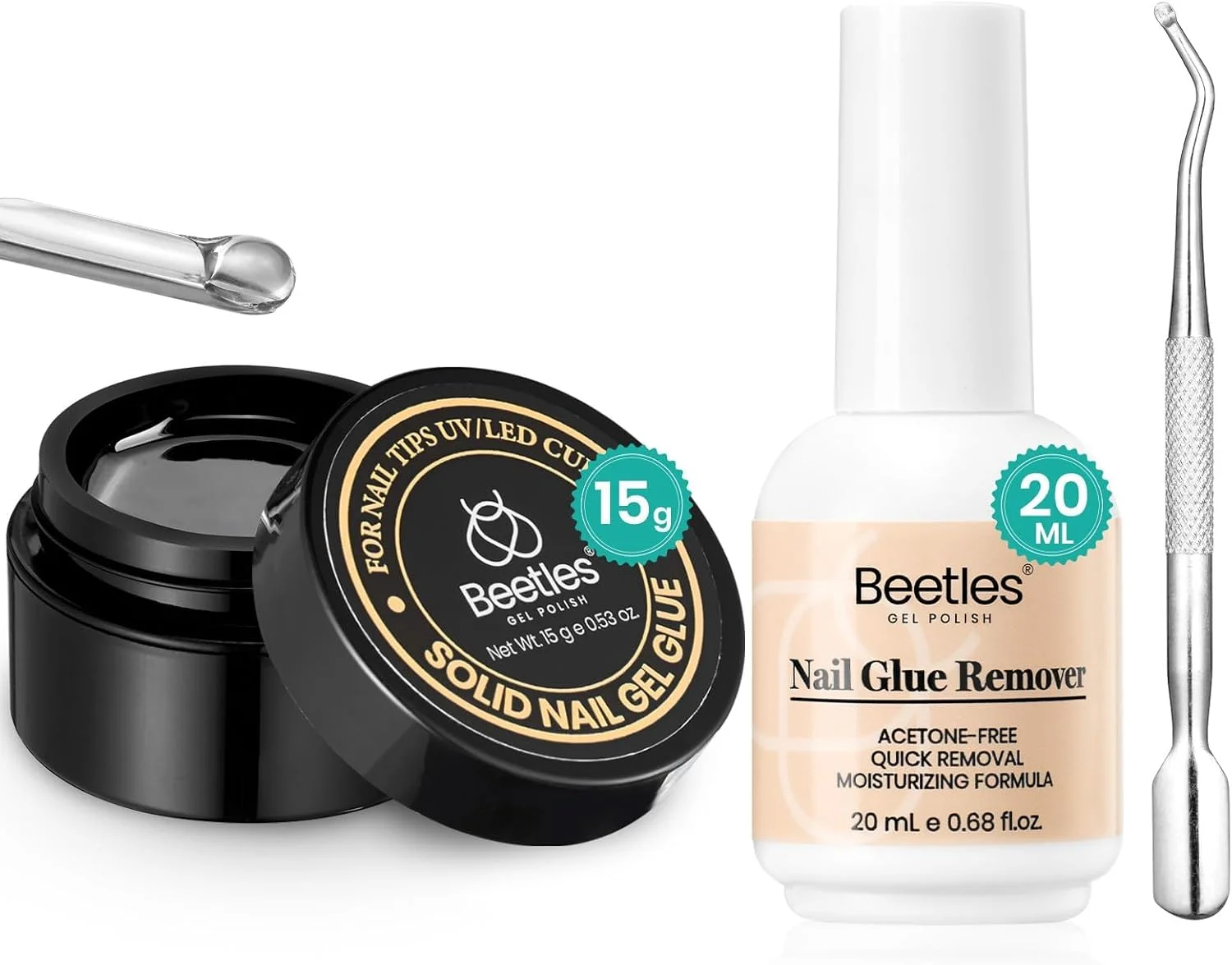 چسب کاشت ناخن جامد Beetles به همراه ریموور 20ml 15G مناسب برای ناخن مصنوعی و تیپ های اکریلیک - بدون نیاز به دستگاه UV