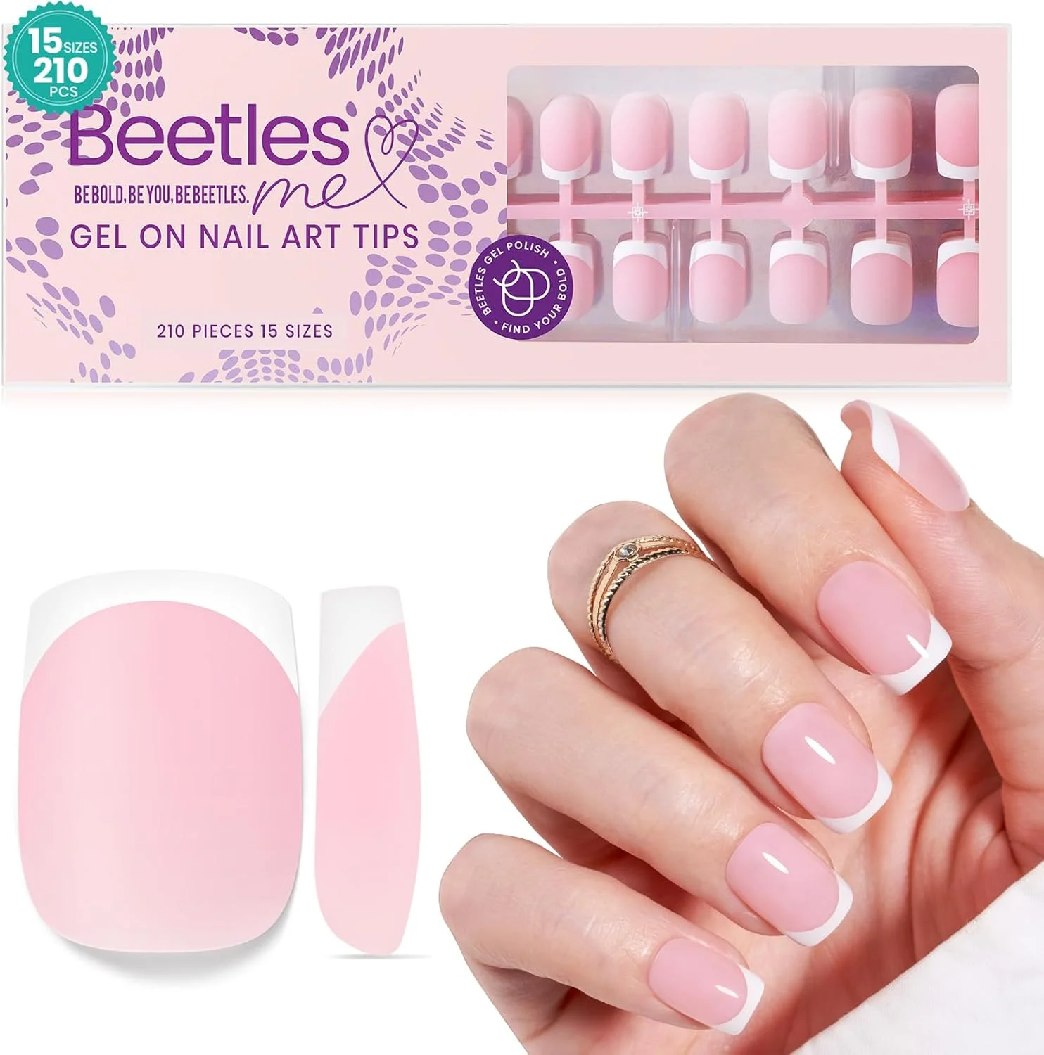 ناخن مصنوعی ژلی بیتلز، 210 عدد نوک مربعی خیلی کوتاه صورتی رنگ، بدون نیاز به سوهان، مناسب برای طراحی ناخن در منزل