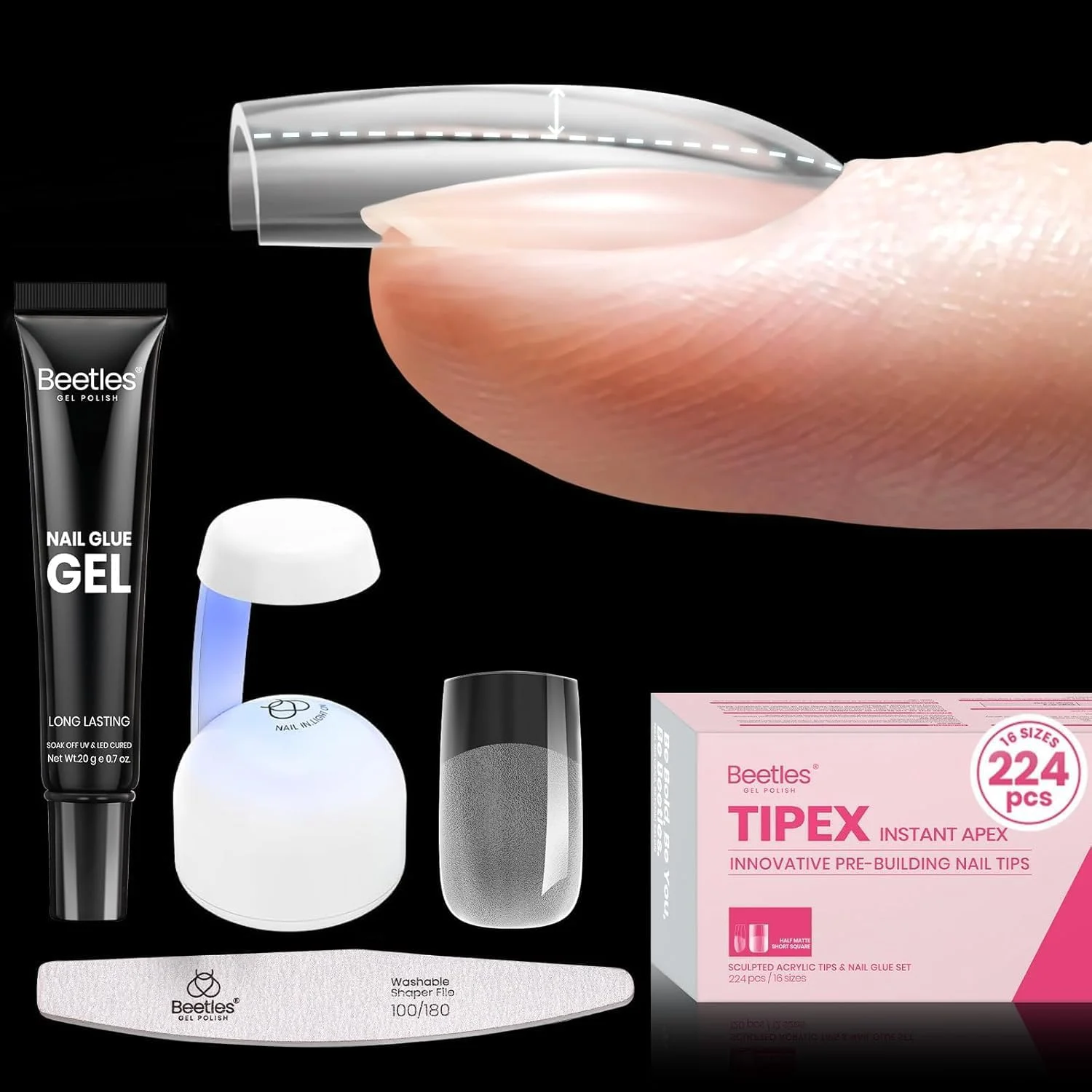 کیت ناخن مصنوعی فوری Beetles Tipex Apex، مربع کوتاه، 224 عدد ناخن مصنوعی از پیش ساخته شده و آماده چسباندن به همراه چسب ناخن Tipex و مینی لامپ ناخن - ست ناخن های اکریلیک ضخیم