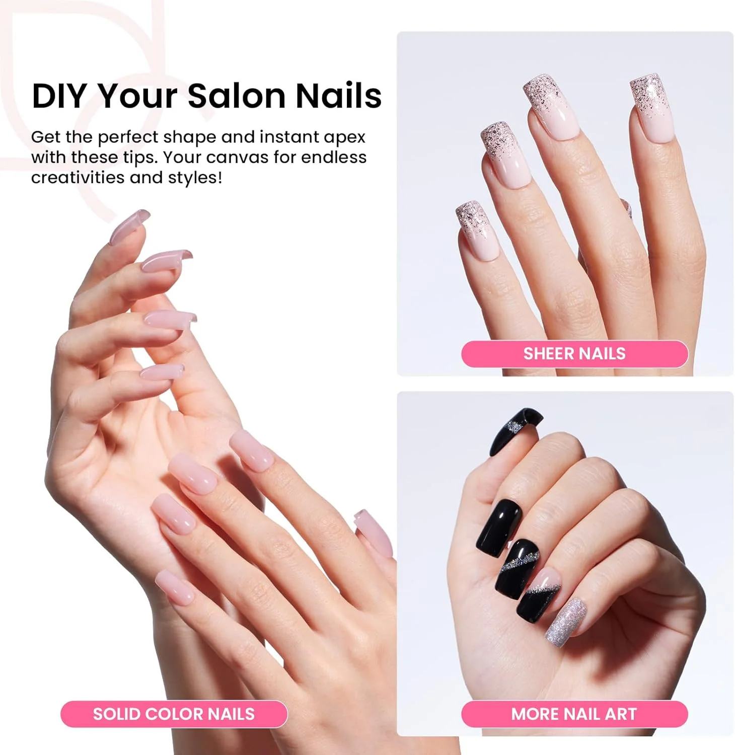 کیت ناخن مصنوعی فوری Beetles Tipex Apex، مربع کوتاه، 224 عدد ناخن مصنوعی از پیش ساخته شده و آماده چسباندن به همراه چسب ناخن Tipex و مینی لامپ ناخن - ست ناخن های اکریلیک ضخیم