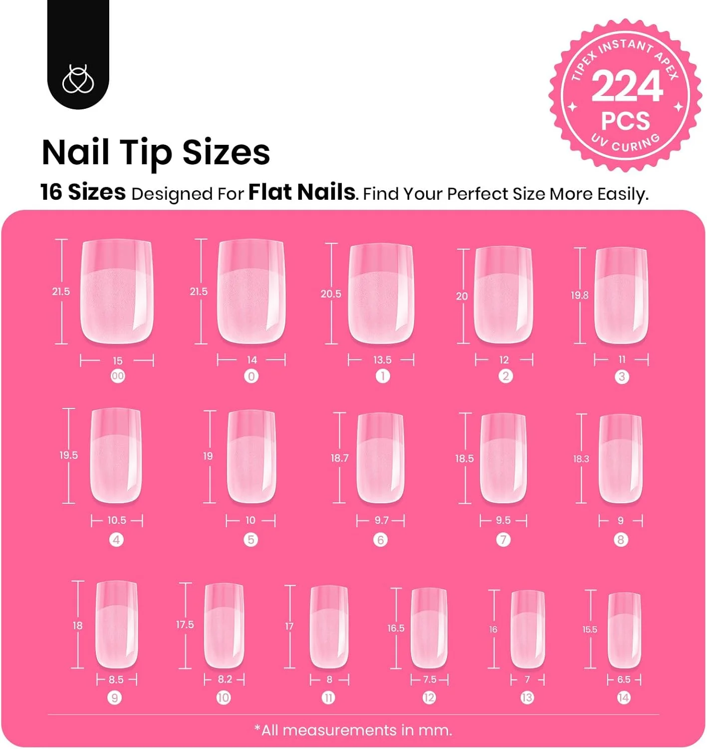 کیت ناخن مصنوعی فوری Beetles Tipex Apex، مربع کوتاه، 224 عدد ناخن مصنوعی از پیش ساخته شده و آماده چسباندن به همراه چسب ناخن Tipex و مینی لامپ ناخن - ست ناخن های اکریلیک ضخیم