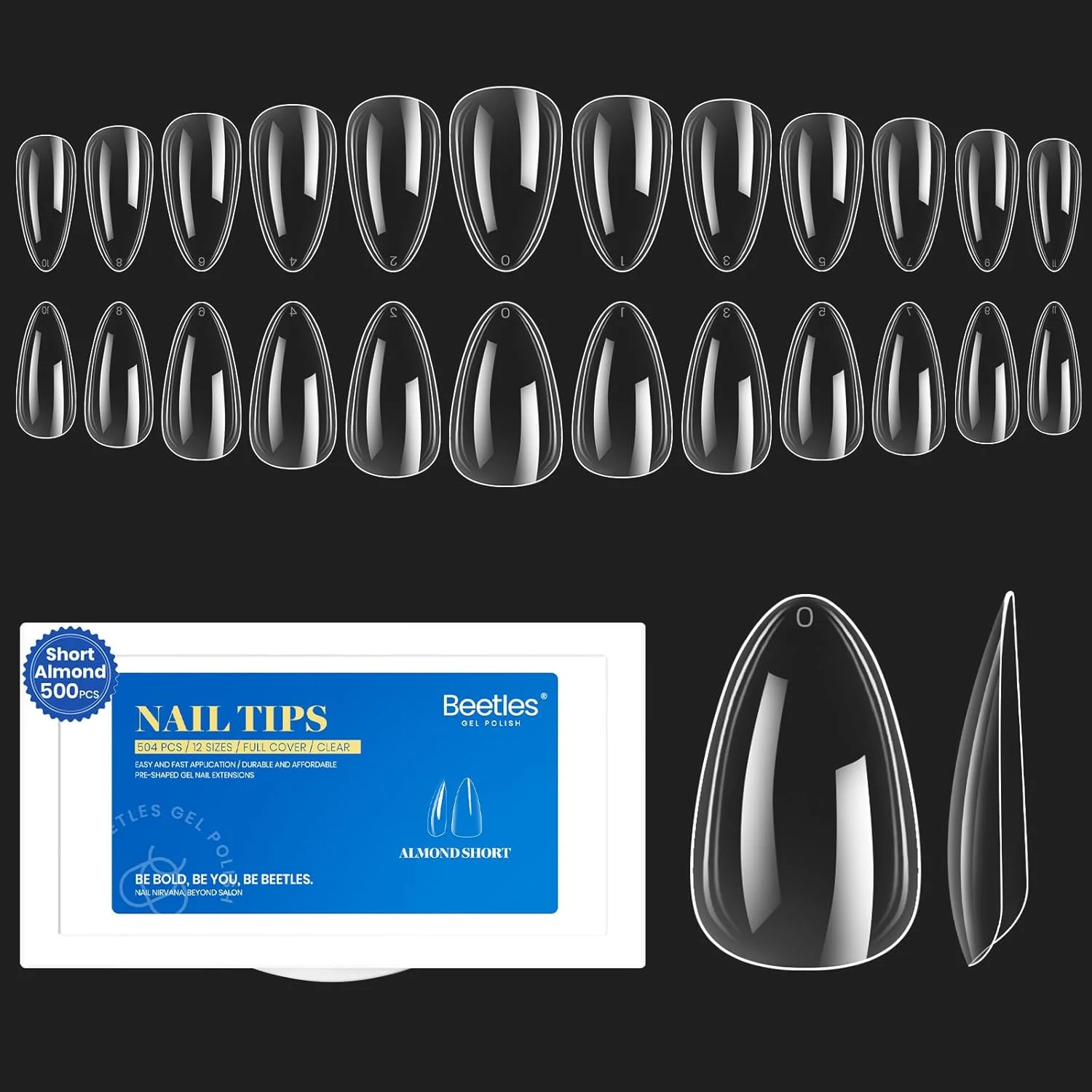 ست ناخن مصنوعی ژلی Beetles، ۵۰۴ عدد در ۱۲ سایز مختلف، از پیش طراحی شده، بادامی کوتاه و شفاف، مناسب برای پوشش کامل، قابل برداشتن با استون، مناسب برای طراحی ناخن و مانیکور در منزل