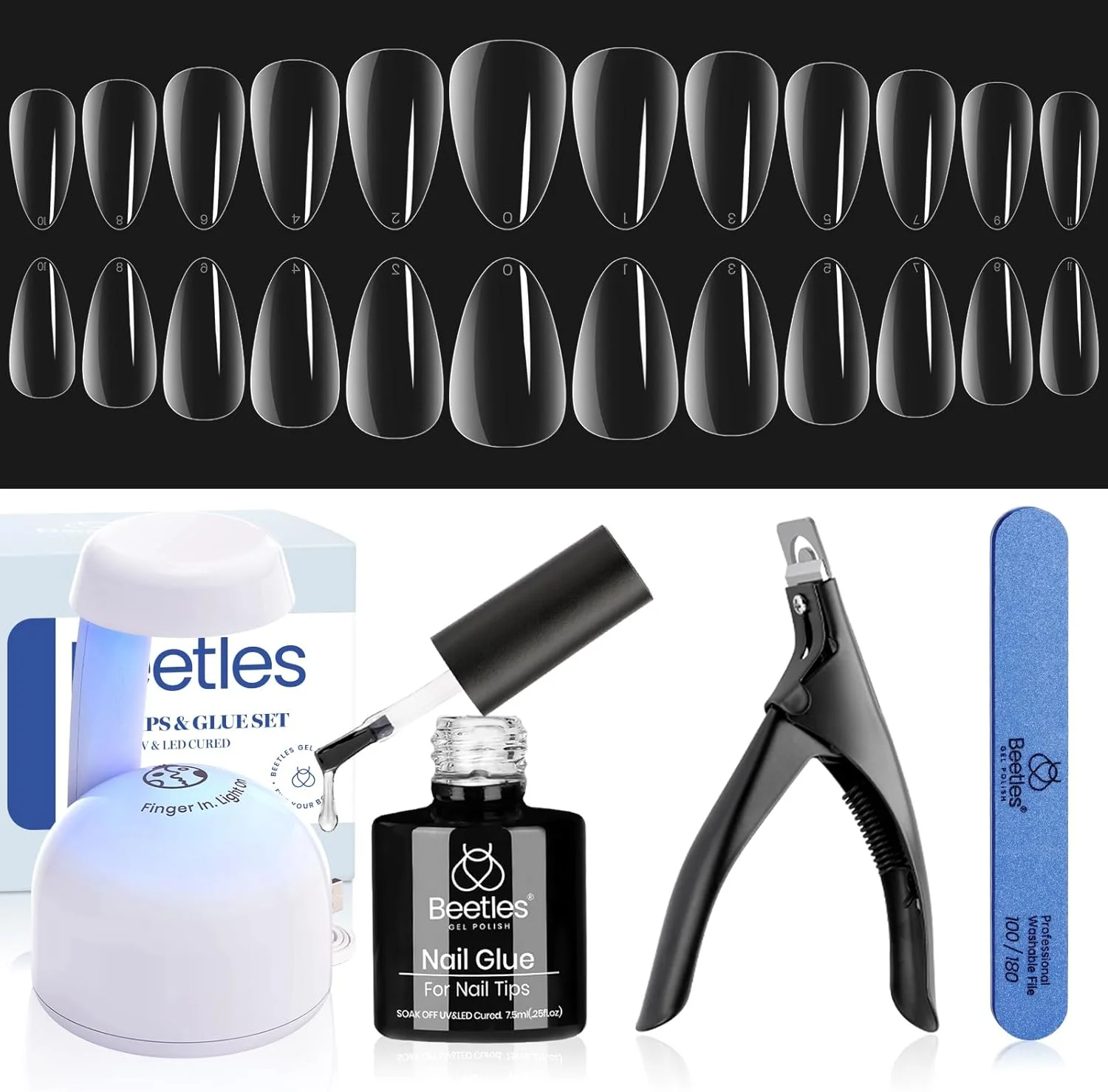 ست کاشت ناخن ژلی بادامی کوتاه Beetles، ست 240 عددی اکستنشن ناخن آسان با نوک های شفاف شکل دار به همراه چسب ناخن 5 در 1، بیس کت و تاپ کت و مینی لامپ UV، ست هدیه طراحی ناخن آکریلیکی برای خانم ها