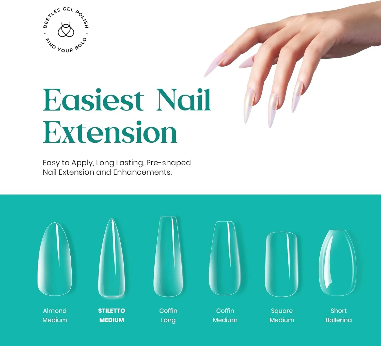 تیپ ناخن ژلی شفاف بیتلز، مدل استیلتو مدیوم، 500 عدد در 10 سایز، پوشش کامل از جنس اکریلیک نرم از پیش فرم داده شده، مناسب برای هالووین، استفاده آسان در منزل، مناسب برای اکستنشن ناخن، هدیه سالن برای خانم ها