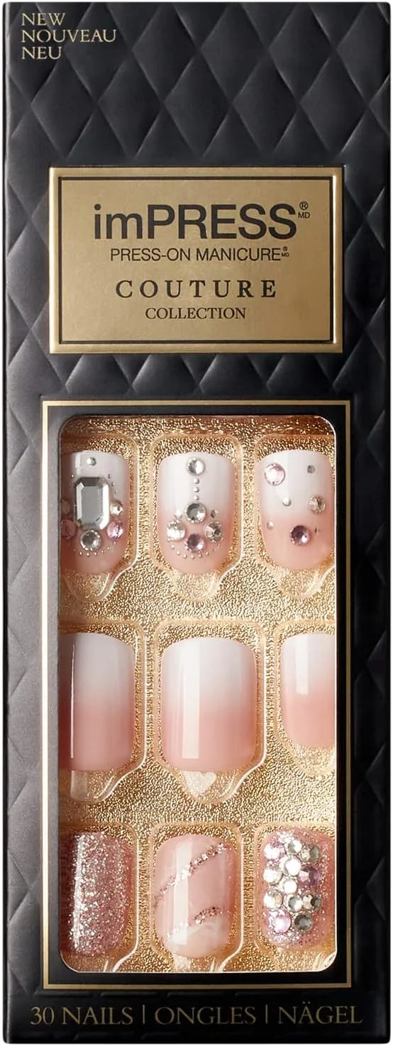 ناخن مصنوعی چسبی KISS imPRESS Couture Collection، طرح Woo، با تزیینات جواهری، شامل 30 ناخن مصنوعی، پد آماده سازی، سوهان کوچک و چوبچه کوتیکول