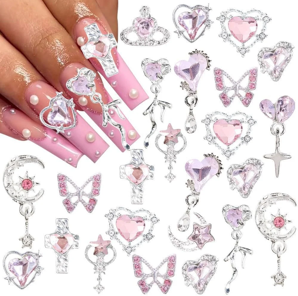 نگین ناخن یلاژوی 24 عددی - تزئینات سه بعدی ناخن با سنگ های قیمتی (پروانه، ستاره) - نگین های براق و زیبا برای طراحی ناخن و مانیکور (صورتی)