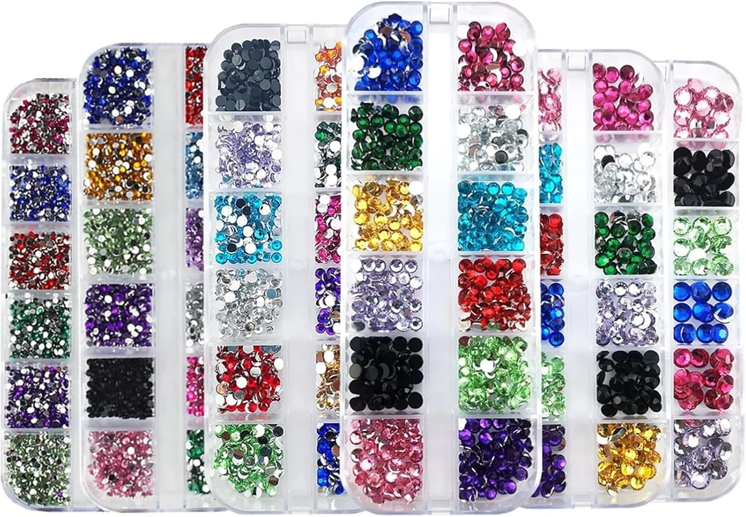 مجموعه مته طراحی ناخن تزویق، 6 جعبه لوازم جانبی الماس طراحی ناخن 12 رنگ، نگین های طراحی ناخن سایز 1.5-6 میلی متر، کریستال های جواهرات تخت برای تزئین ناخن کیت نگین های گرد رنگی مخلوط