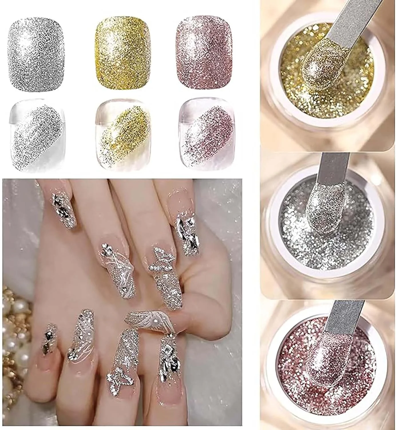 لاک ژل ناخن اکلیلی تزویق، 3 جعبه طلایی، نقره ای، رزگلد سه بعدی، لاک ژل کروم پلاتینیوم هولوگرافیک، ژل طراحی ناخن