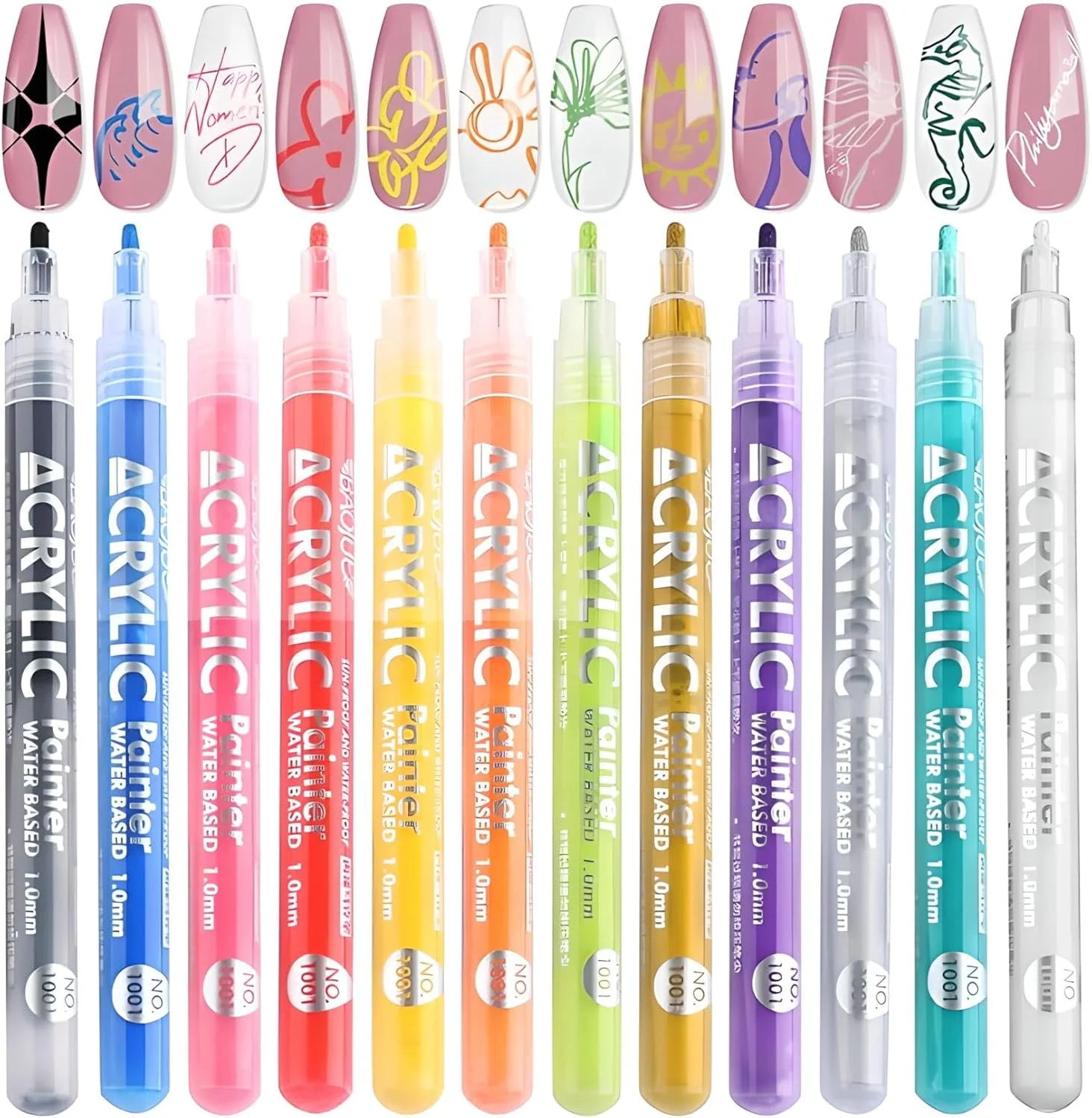 قلم های طراحی ناخن اکرلیک YelaJoy، بسته 12 عددی | قلم های حرفه ای طراحی ناخن با نوک های بادوام فشاری | قلم های طراحی سریع خشک شونده و ضد آب برای لوازم طراحی هنری