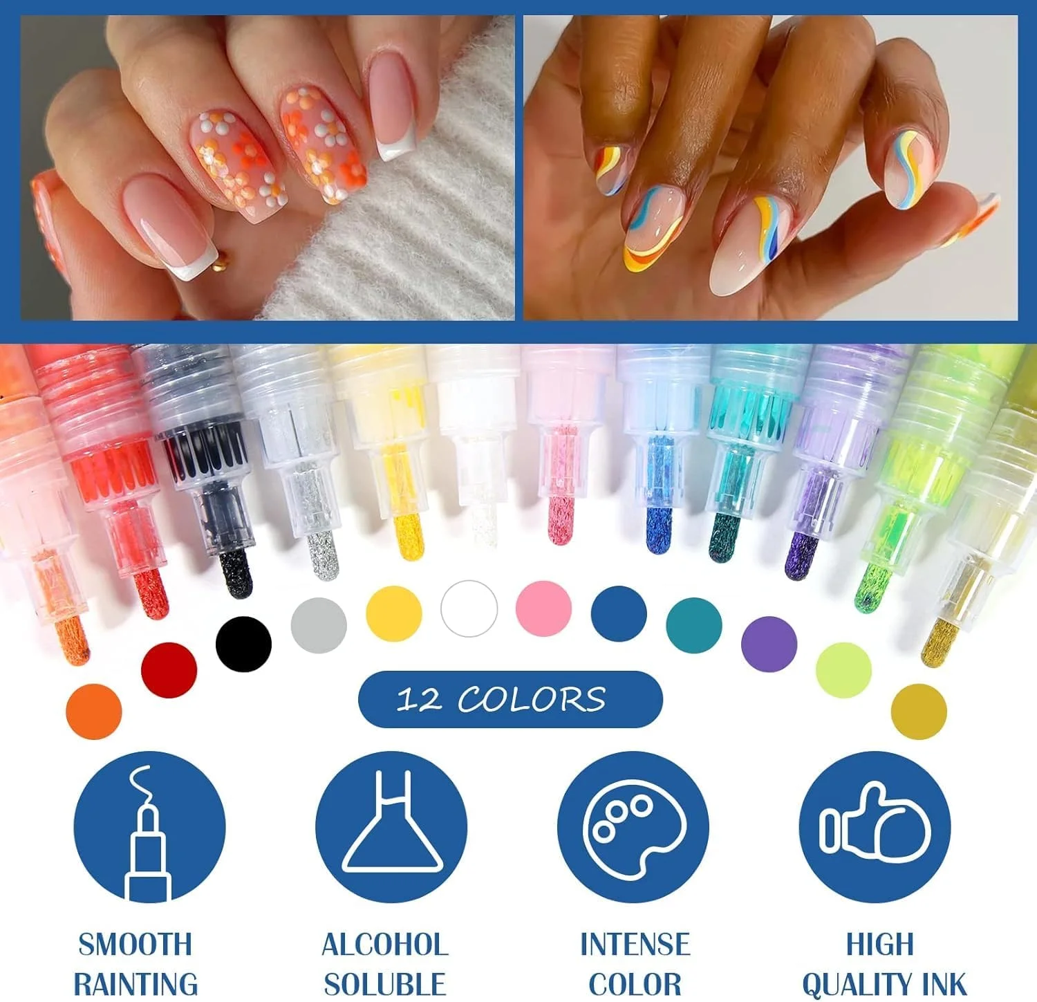 قلم های طراحی ناخن اکرلیک YelaJoy، بسته 12 عددی | قلم های حرفه ای طراحی ناخن با نوک های بادوام فشاری | قلم های طراحی سریع خشک شونده و ضد آب برای لوازم طراحی هنری