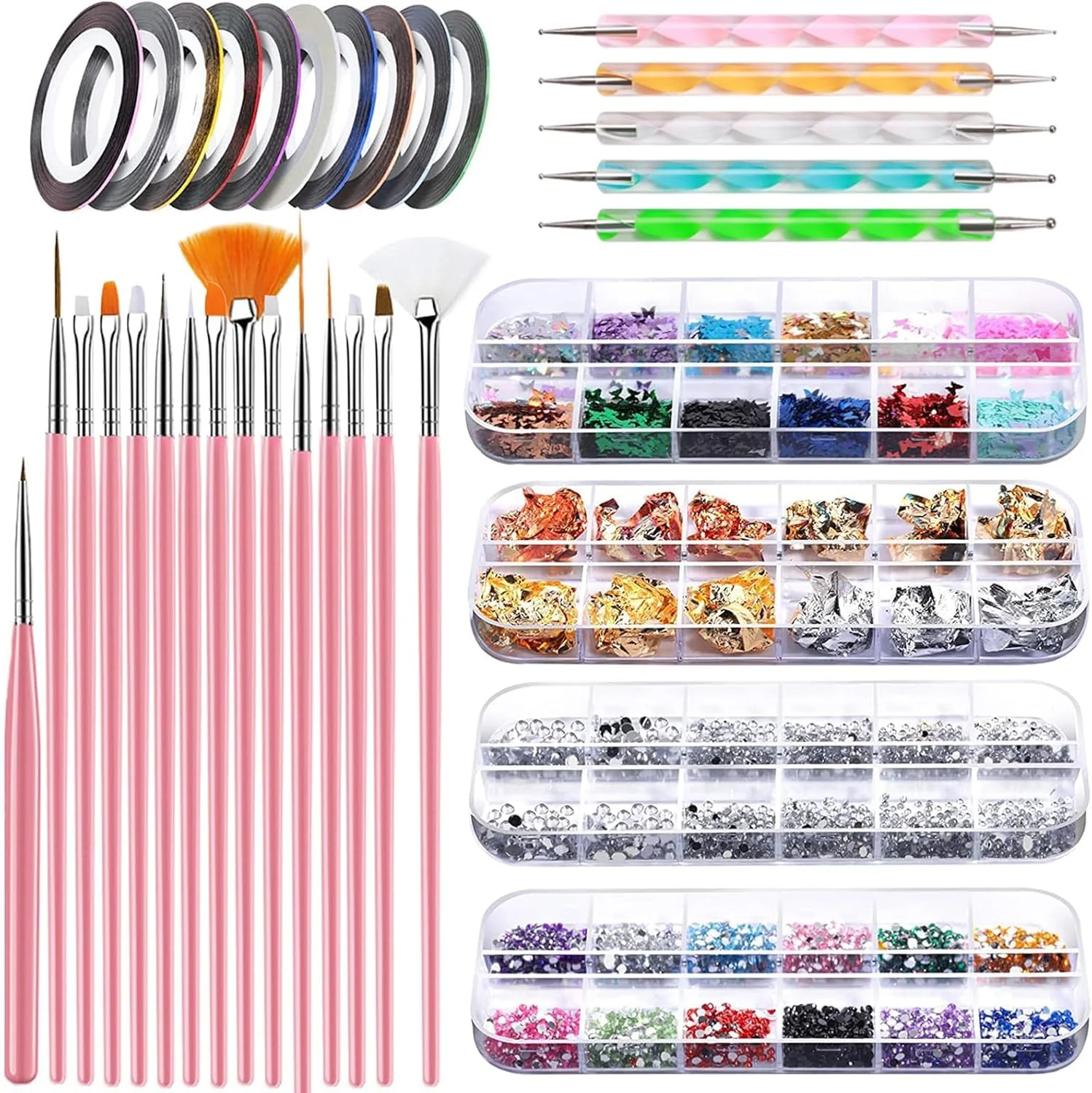 مجموعه تزئین ناخن تزویق، ابزار طراحی ناخن با 15 عدد قلم طراحی ناخن، ابزار نقطه گذاری ناخن، فویل ناخن، نوار مانیکور، نگین ناخن، گل میخ ناخن، پولک فویل ناخن، نوار خطی ناخن