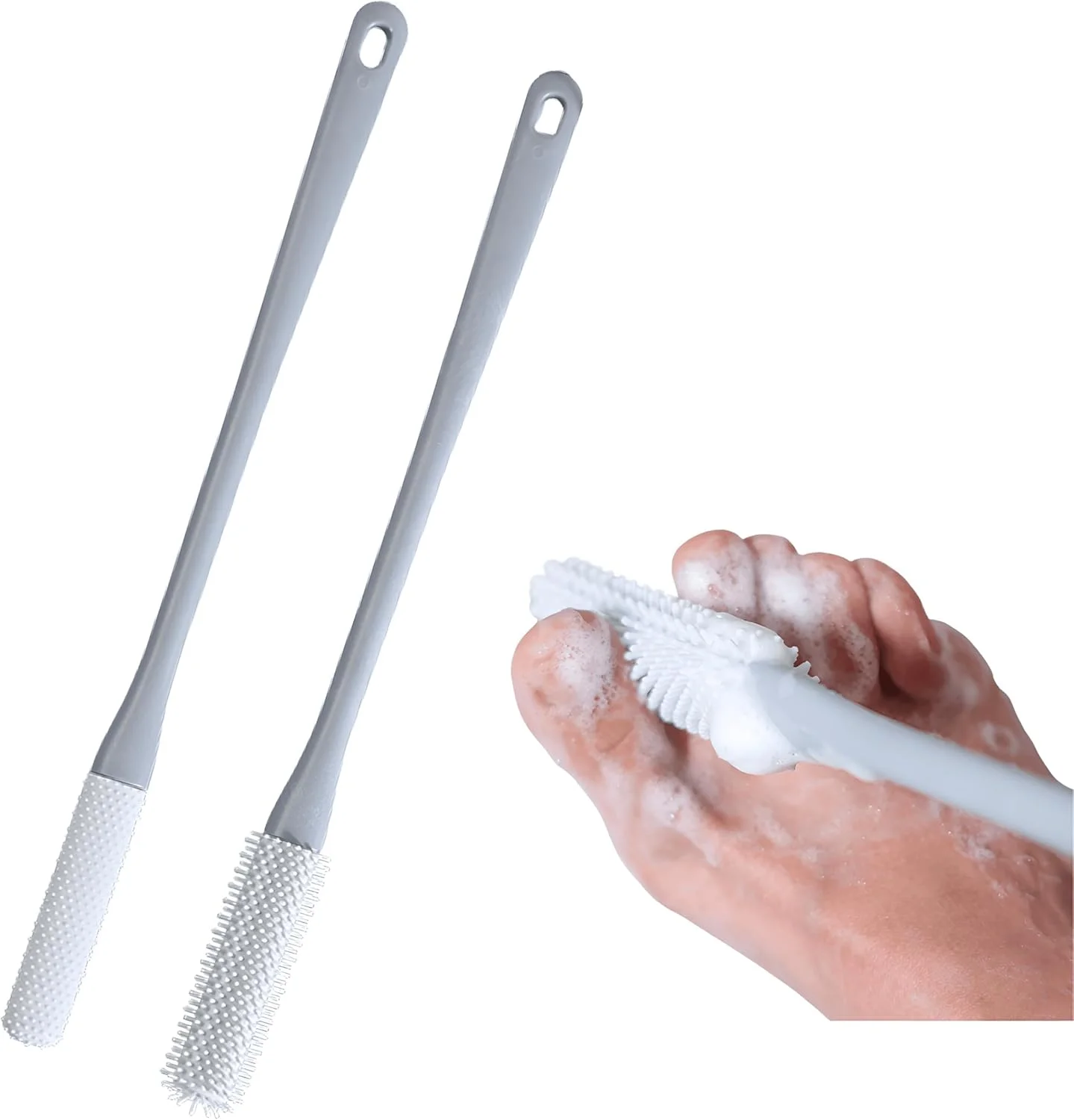 برس شستشوی پا تزویق، برس تمیز کننده انگشتان پا با دسته بلند 40 سانتی‌متری، برس لایه بردار و ضد خارش پا، برس سیلیکونی انگشتان پا با دسته بلند برای سالمندان زن و مرد (خاکستری)