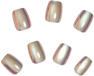ناخن مصنوعی مربعی 24 عددی تزویق، ناخن مصنوعی کوتاه کروم طلایی، ناخن مصنوعی اکریلیک آینه ای براق کروم بنفش کوتاه مربعی برای هنر مانیکور زنانه