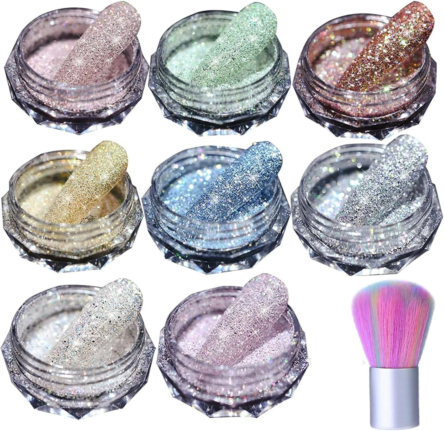 پودر پیگمنت اکلیلی الماس تزویق، 8 عدد پودر الماس کریستالی ناخن و 1 عدد برس پودر ناخن، پودر اکلیل طراحی ناخن برای زنان و دختران