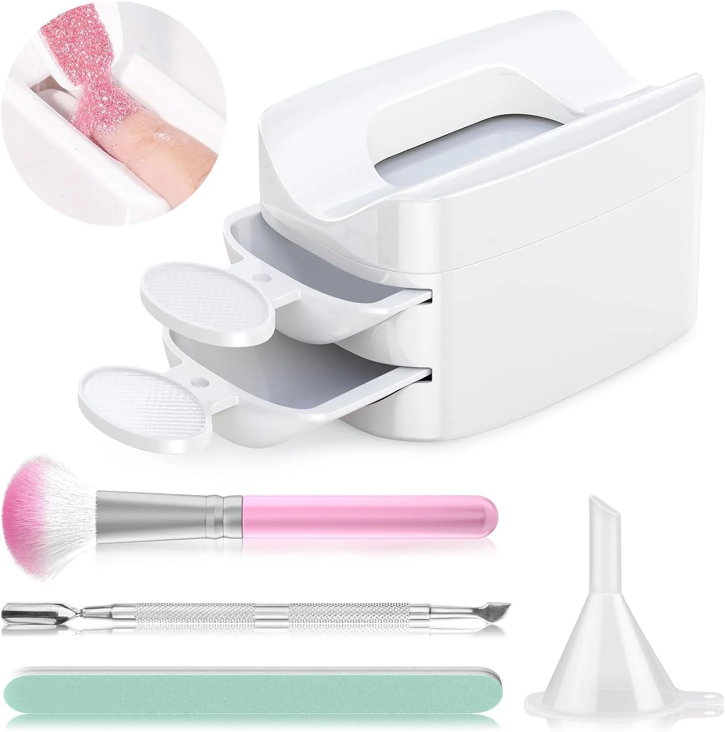 ست پودر دیپ حرفه ای تزویق، ست مبتدی با سیستم سینی بازیافت پودر دیپ قابل حمل، اسکوپ، برس گرد و غبار ناخن، پوشر کوتیکول فلزی و سوهان ناخن، ایده آل برای مانیکور فرانسوی یا ناخن های DIY