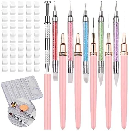 مجموعه 62 عددی قلمو طراحی ناخن Tazweeq، شامل 5 عدد قلمو خط‌کشی، 5 عدد قلم داتینگ سیلیکونی دو سر، 50 عدد اسفنج ناخن برای آمبره به همراه قلم نگهدارنده، پالت ترکیب رنگ و نگهدارنده قلم