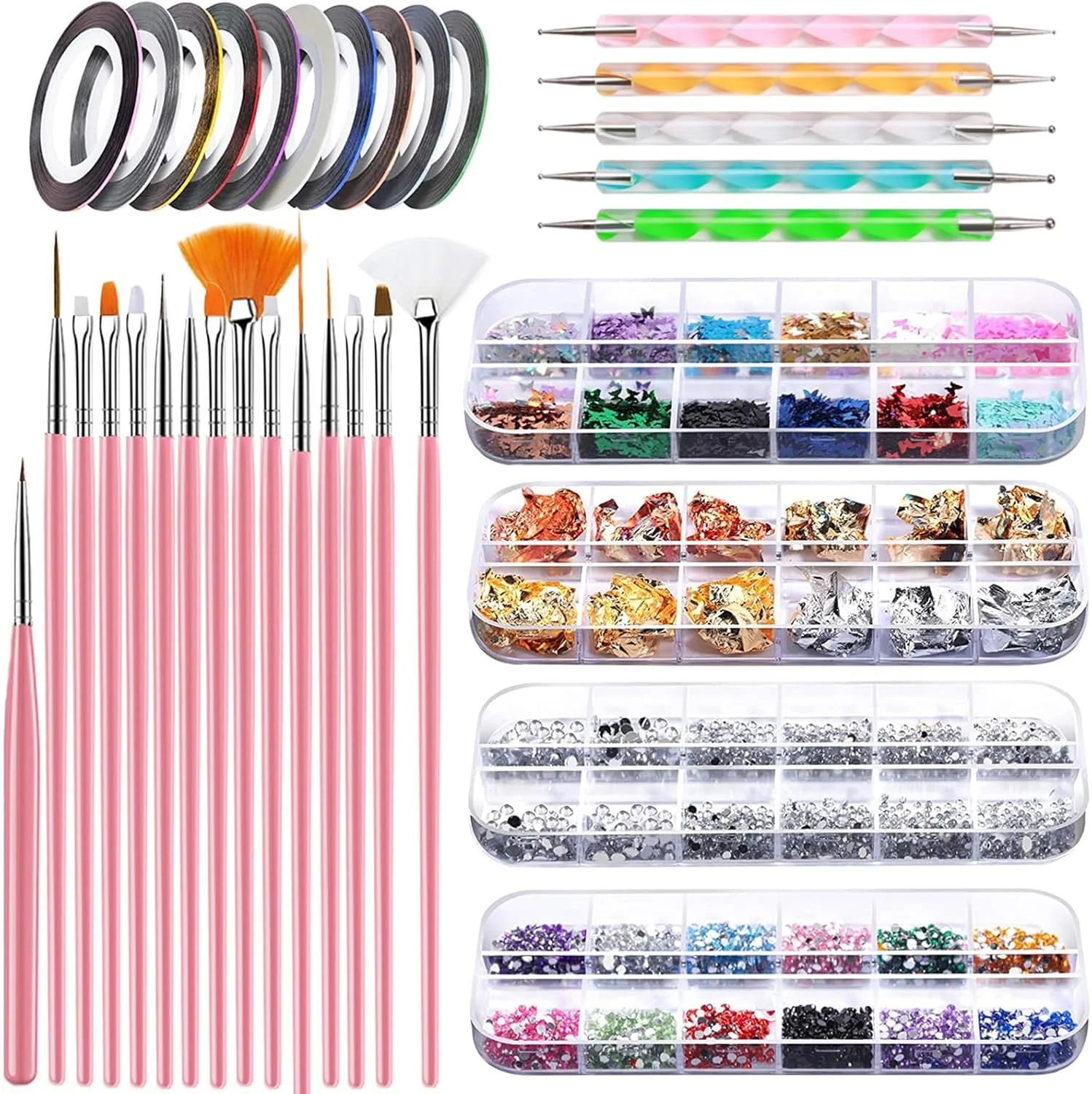 مجموعه تزئین ناخن تزویق، ابزار طراحی ناخن با 15 عدد قلم طراحی ناخن، ابزار نقطه گذاری ناخن، فویل ناخن، نوار مانیکور، نگین ناخن، گل میخ ناخن، پولک فویل ناخن، نوار خطی ناخن