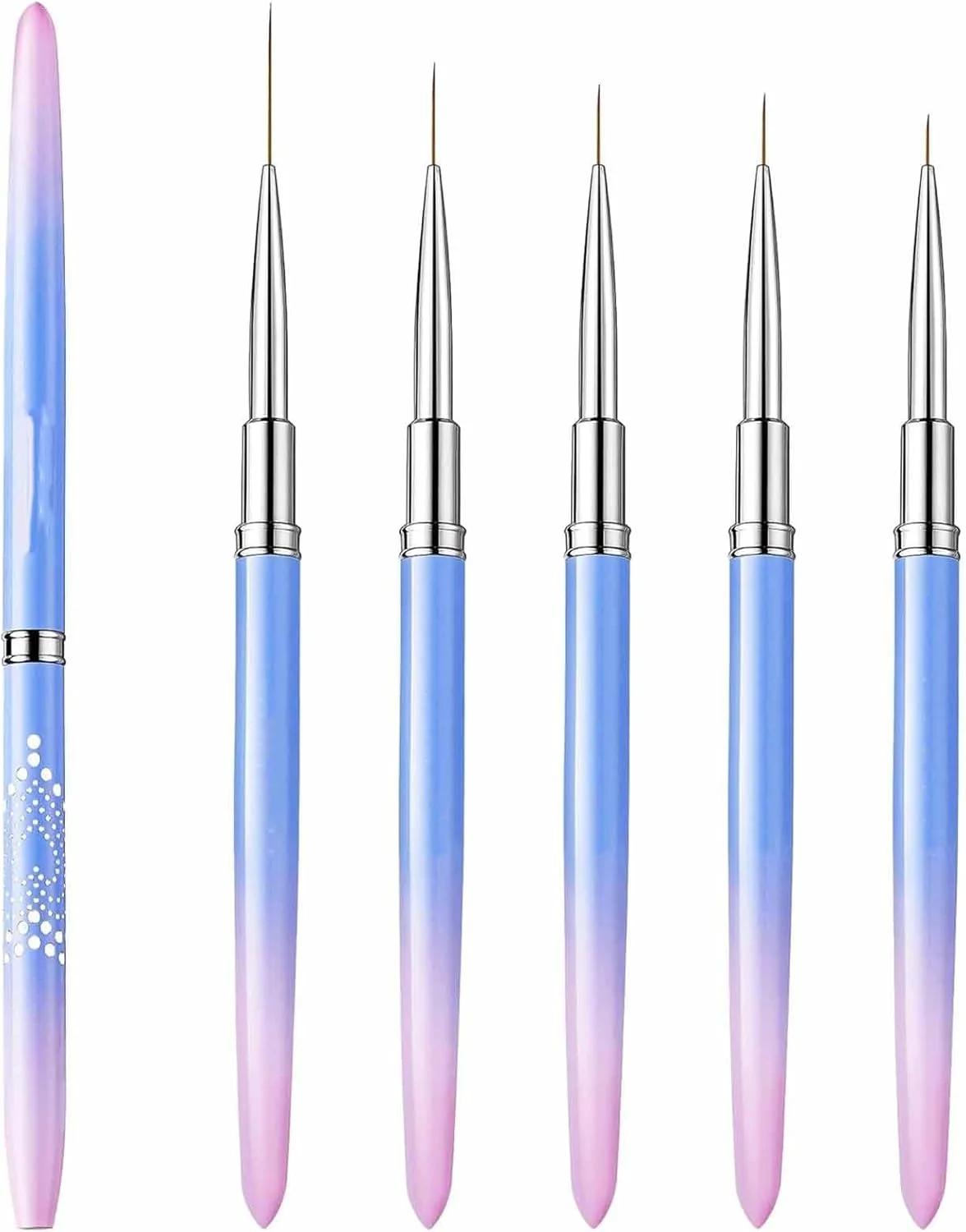 ست قلم موی طراحی ناخن تزویق، 5 قلم موی خطی ظریف (7/9/11/15/25 میلی متر)، قلم موی طراحی ناخن با درپوش، مناسب برای ژل سه بعدی ناخن و نقاشی طراحی ناخن (5 عدد)