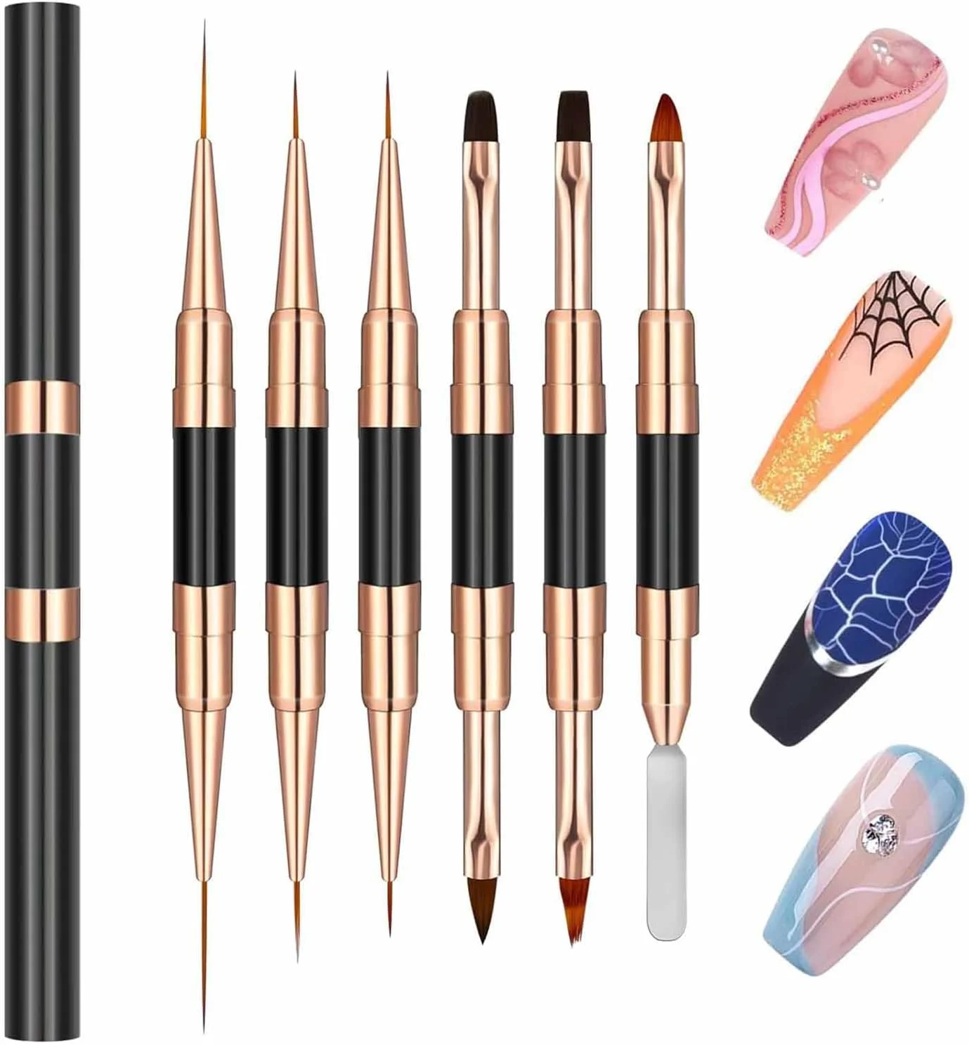 ست قلم موی طراحی ناخن آکریلیک دو سر تزویق، ست ابزار طراحی و نقاشی لاک ژل ناخن، قلم موی نقطه گذاری پلیمر، مناسب برای خطوط بلند و نقاشی ظریف (مشکی، 6 عدد)