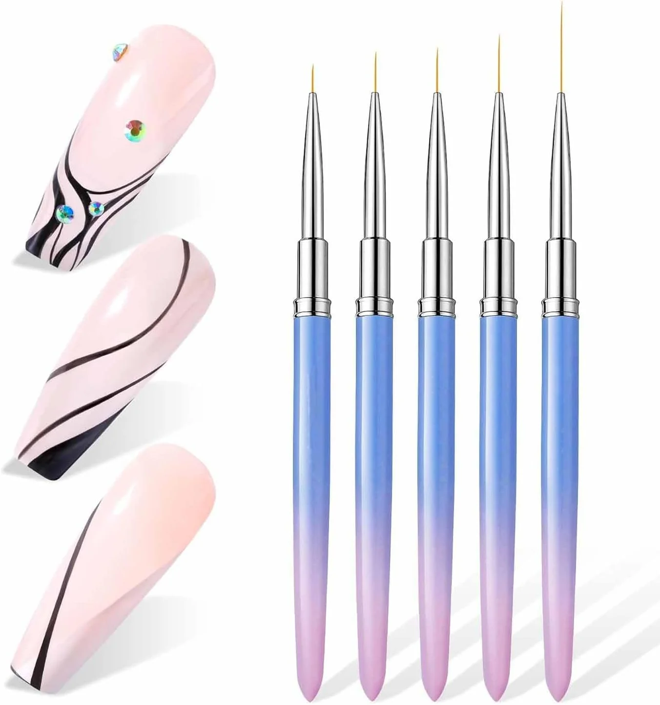 ست قلم موی طراحی ناخن تزویق، 5 قلم موی خطی ظریف (7/9/11/15/25 میلی متر)، قلم موی طراحی ناخن با درپوش، مناسب برای ژل سه بعدی ناخن و نقاشی طراحی ناخن (5 عدد) ست قلم موی طراحی ناخن تزویق، 5 قلم موی خطی ظریف (7/9/11/15/25 میلی متر)، قلم موی طراحی ناخن با درپوش، مناسب برای ژل سه بعدی ناخن و نقاشی طراحی ناخن (5 عدد)
