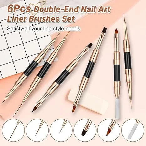 ست قلم موی طراحی ناخن آکریلیک دو سر تزویق، ست ابزار طراحی و نقاشی لاک ژل ناخن، قلم موی نقطه گذاری پلیمر، مناسب برای خطوط بلند و نقاشی ظریف (مشکی، 6 عدد)