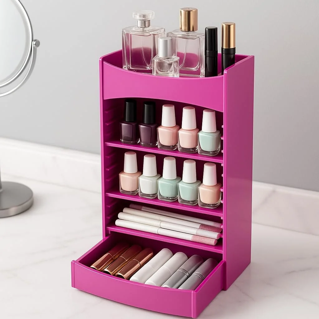 فیتو کاسمیک، استند لوازم آرایشی، چند لایه با قفسه قابل تنظیم، دارای کشو، مناسب برای لاک ناخن، رژ لب، براش