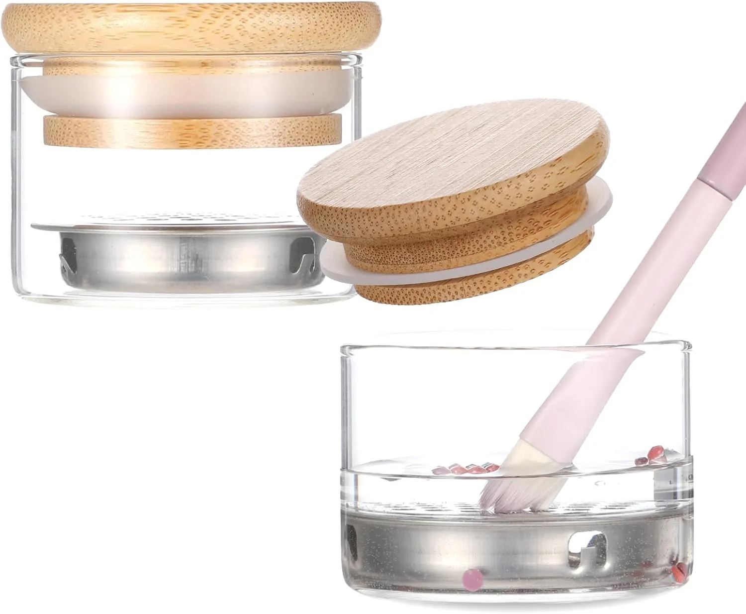 دو عدد فنجان تمیز کننده برس ناخن با درب و صفحه مشبک - ظروف شیشه ای داپن اکریلیک برای مایع و پودر اکریلیک - برس شوی حرفه ای مانیکور برای تمیز کردن ابزار هنر ناخن، بادوام و قابل حمل