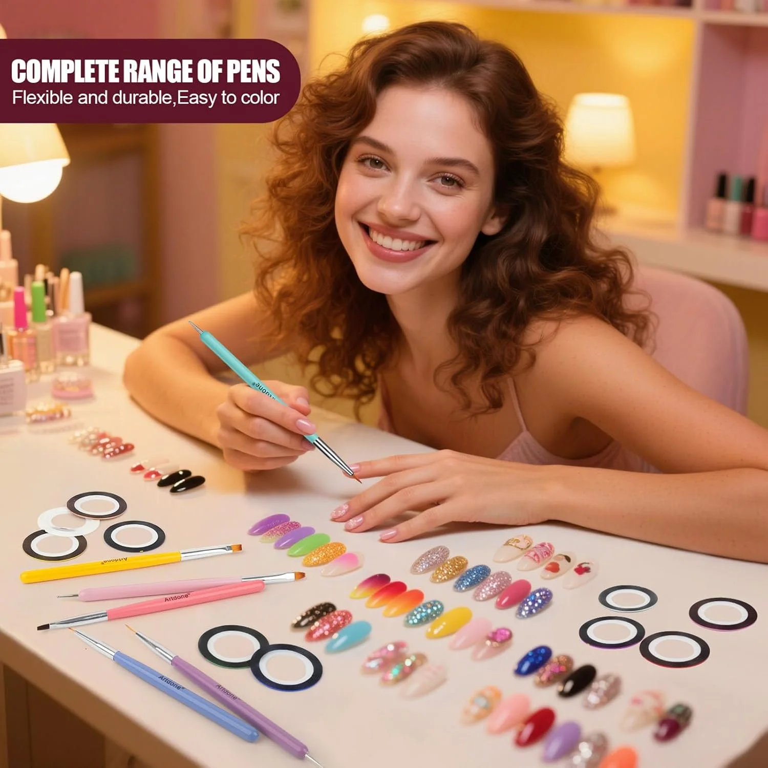 مجموعه نوار طراحی ناخن Artdone به همراه قلم های طراحی ناخن، ابزار نقطه گذاری و برس های خطی برای طراحی و نقاشی جزئیات کوچک لاک ژل