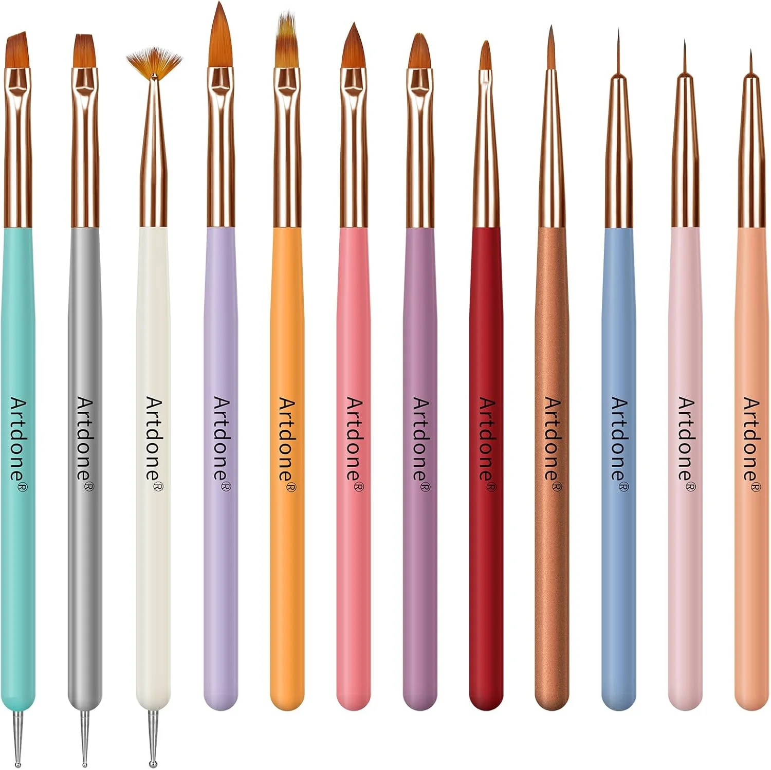 ست ابزار طراحی ناخن Artdone، شامل قلم‌های دو طرفه، برس‌های طراحی ناخن، قلم طراحی لاک ژل و برس‌های ظریف برای طراحی و نقاشی ناخن.