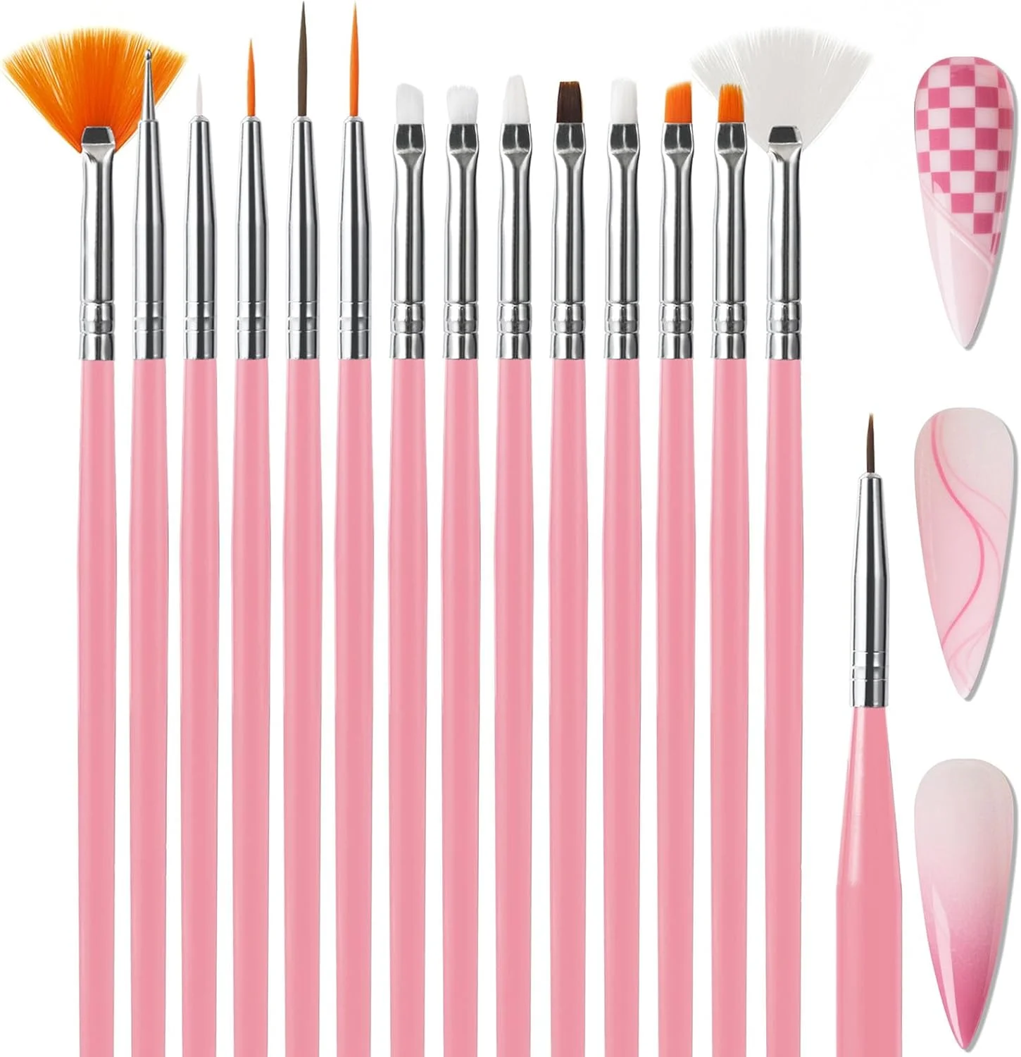 مجموعه 15 عددی قلمو طراحی ناخن Artdone صورتی، ست ابزار طراحی ناخن، ابزار نقطه گذاری، برس گرد و غبار، قلموهای نواری برای خطوط بلند، قلم طراحی برای طراحی لاک ژل