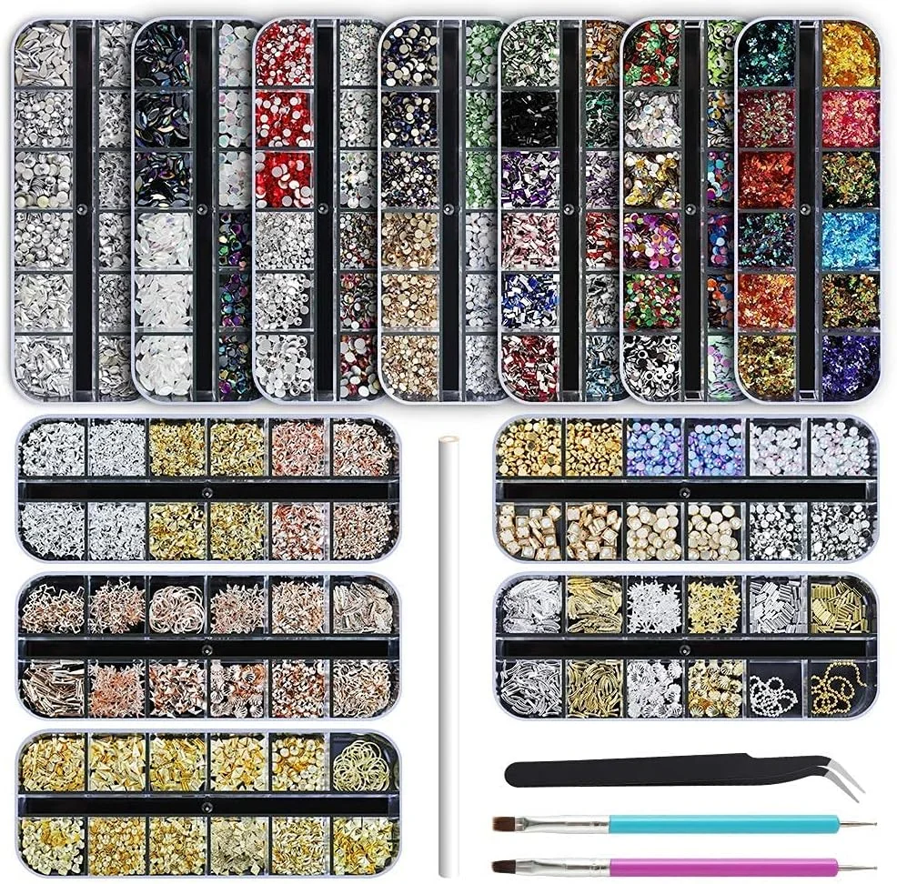نگین ناخن Artdone، 12 جعبه سنگ تزئینی ناخن، الماس ناخن، نگین های تزئینی ناخن، پولک ناخن برای کیت ناخن با 1 موچین و 3 قلم برای لوازم جانبی طراحی ناخن……