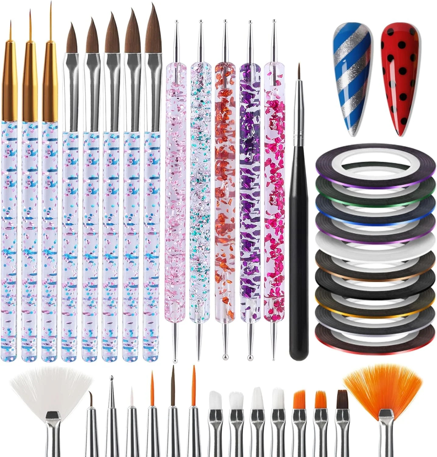 مجموعه ۳۸ عددی نوار طراحی ناخن Artdone به همراه قلم های طراحی ناخن، ابزار نقطه گذاری و برس های خطی برای طراحی جزئیات کوچک با لاک ژل