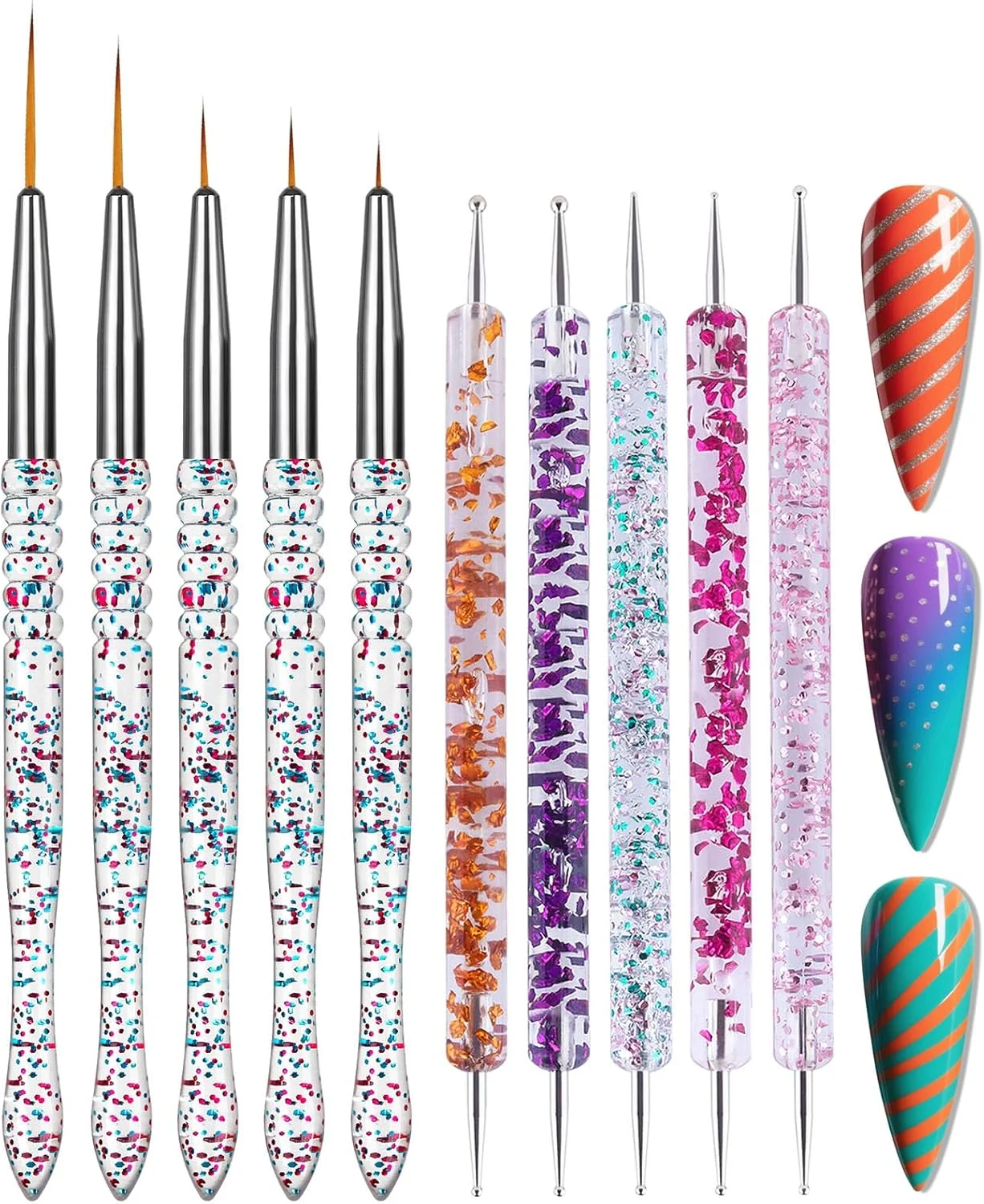 مجموعه 10 عددی قلمو طراحی ناخن Artdone، ابزار نقطه گذاری، قلموهای خطی برای خطوط بلند، جزئیات ظریف، قلم طراحی الگو، قلم برجسته سازی توپی، قلم طراحی ظریف برای طراحی لاک ژل