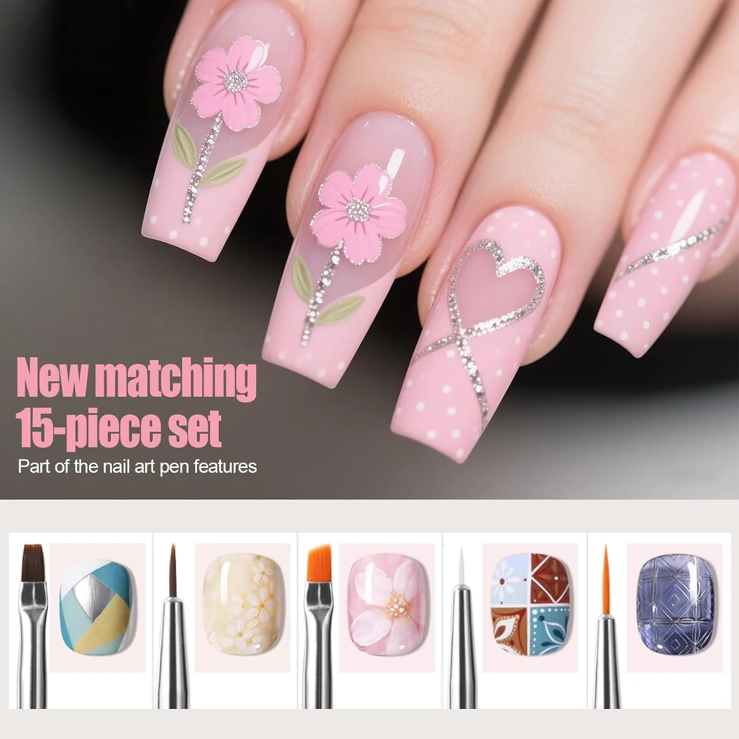 مجموعه 15 عددی قلمو طراحی ناخن Artdone صورتی، ست ابزار طراحی ناخن، ابزار نقطه گذاری، برس گرد و غبار، قلموهای نواری برای خطوط بلند، قلم طراحی برای طراحی لاک ژل