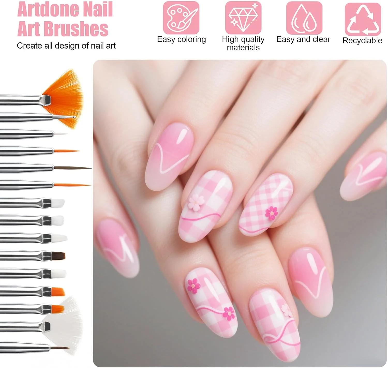 مجموعه 15 عددی قلمو طراحی ناخن Artdone صورتی، ست ابزار طراحی ناخن، ابزار نقطه گذاری، برس گرد و غبار، قلموهای نواری برای خطوط بلند، قلم طراحی برای طراحی لاک ژل