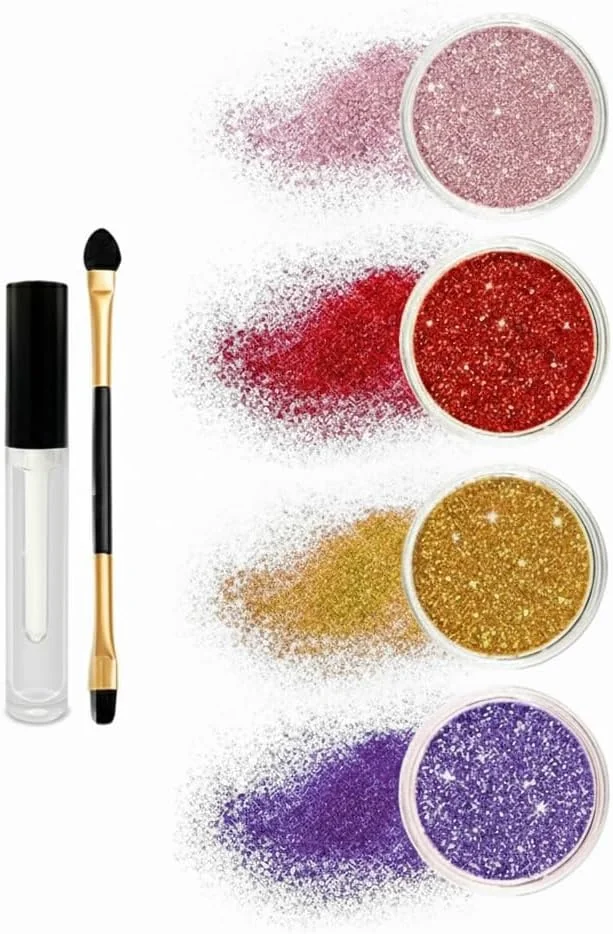 ست براق کننده لب 4 رنگ، پودر براق متالیک برای ساخت رژ لب براق، ست پودر براق ضد آب و ماندگار با پرایمر و ست برس برای طراحی ناخن