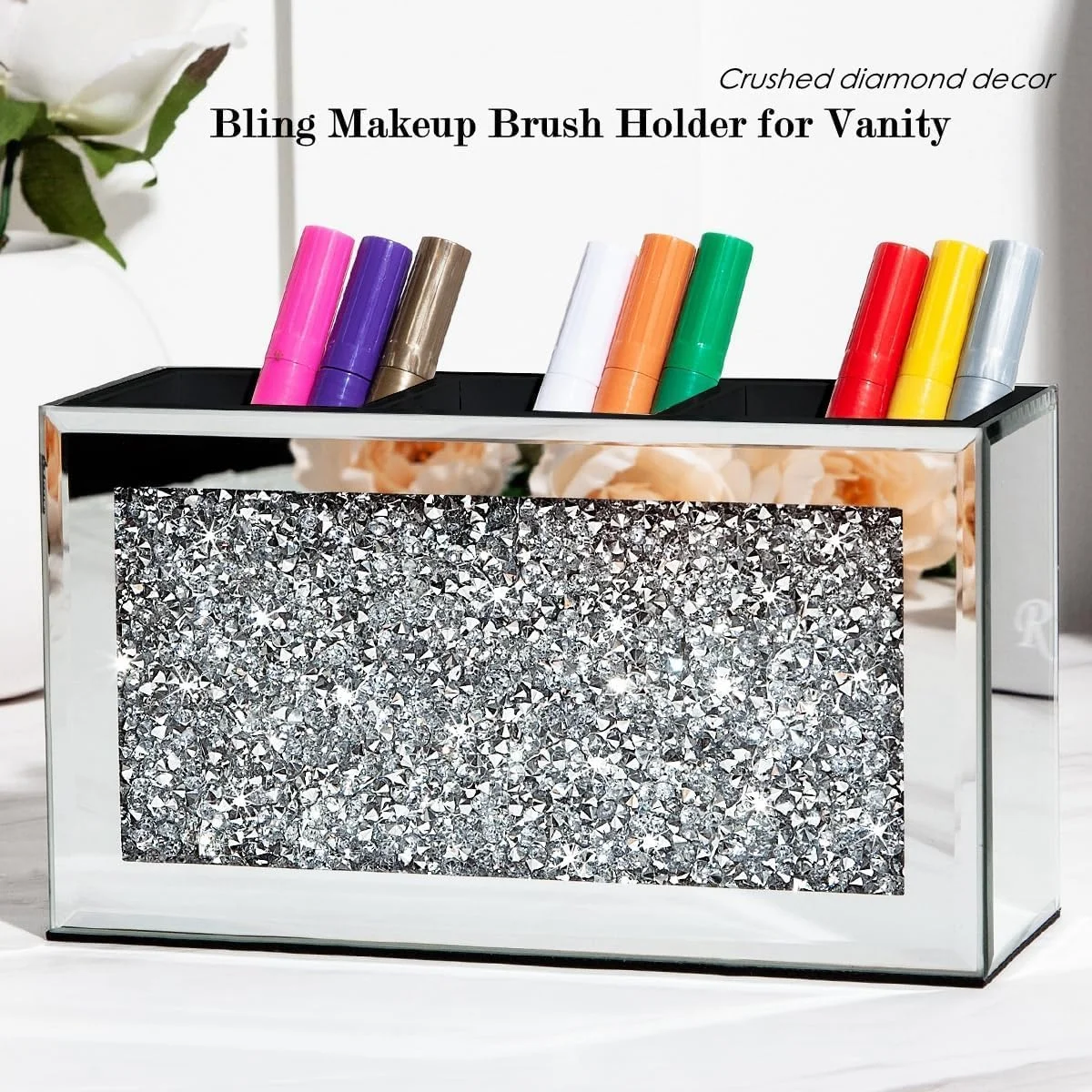 جا قلم مو آرایشی آینه ای، جا دارنده لوازم آرایشی شیشه ای 3 قسمتی با الماس های خرد شده کریستالی، جا قلم و مداد رومیزی زیبا، جعبه نمایش خط چشم برای میز آرایش