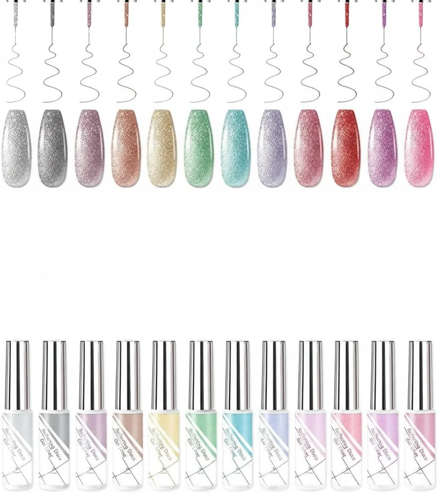 ست لاک ژل طراحی ناخن 12 رنگ، کیت لاک خط چشم اکلیلی، هنر طراحی خط چشم اکلیلی ژل برای طراحی ناخن حرفه ای DIY، چسب لاک ژل خط چشم، طراحی هنر ناخن، کیت مانیکور DIY سالن ناخن